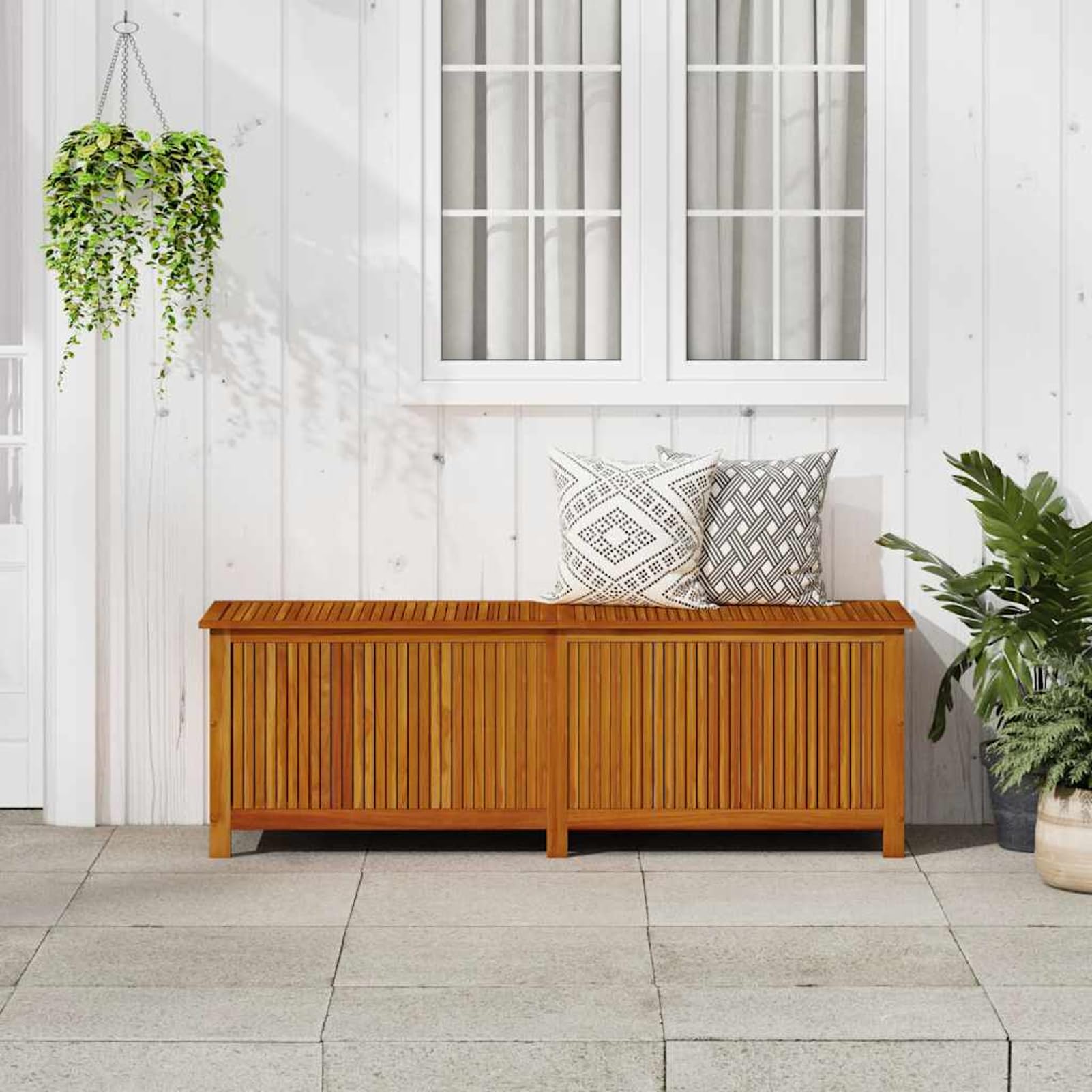 Gecheer Scatola portaoggetti da giardino, in legno di acacia massiccio, con borsa resistente all'acqua, 150 x 50 x 58 cm, per esterni, terrazza, piscina