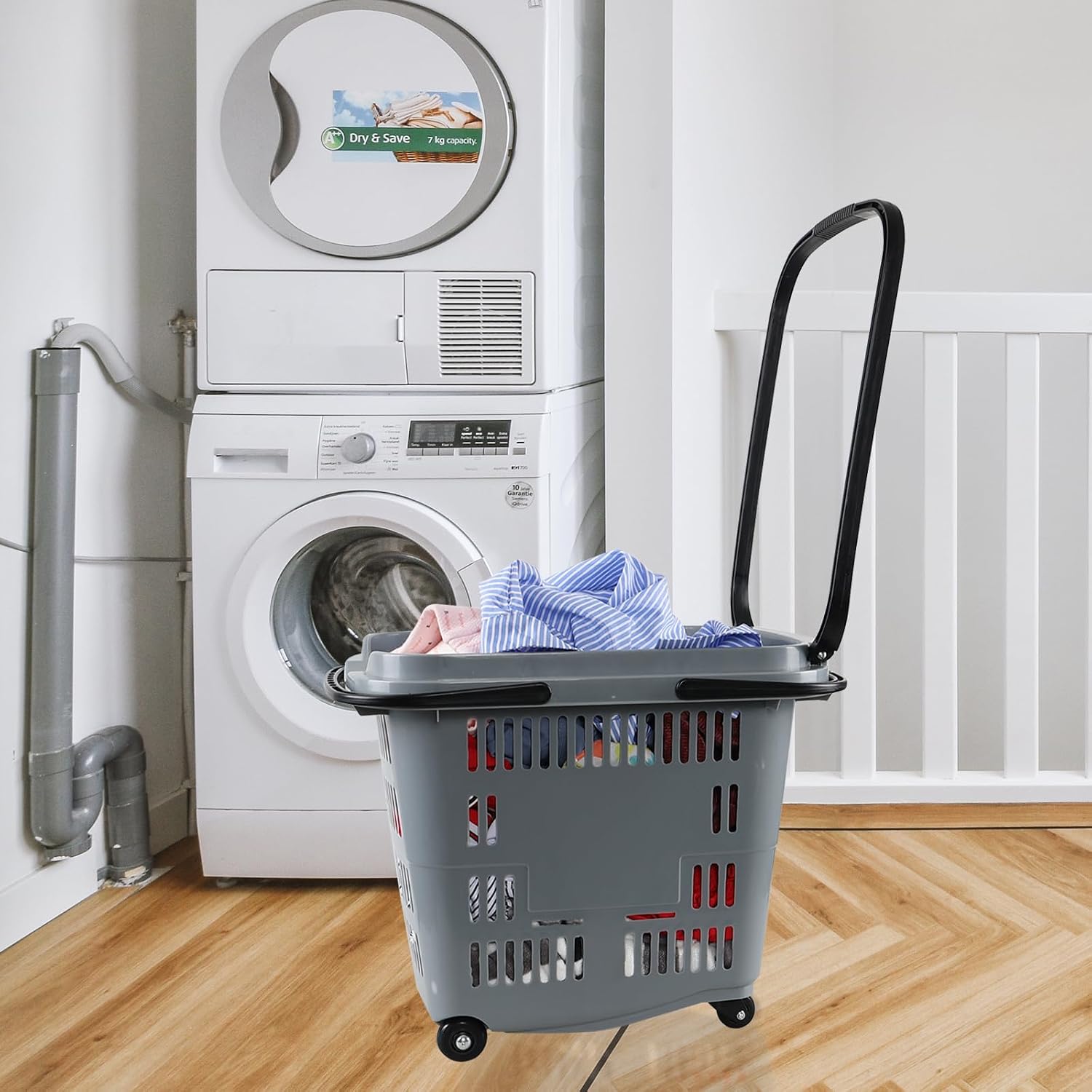 Saedy Shopping Baskets with Handles Set of 6, 50 L Plastic Laundry Basket on Wheels