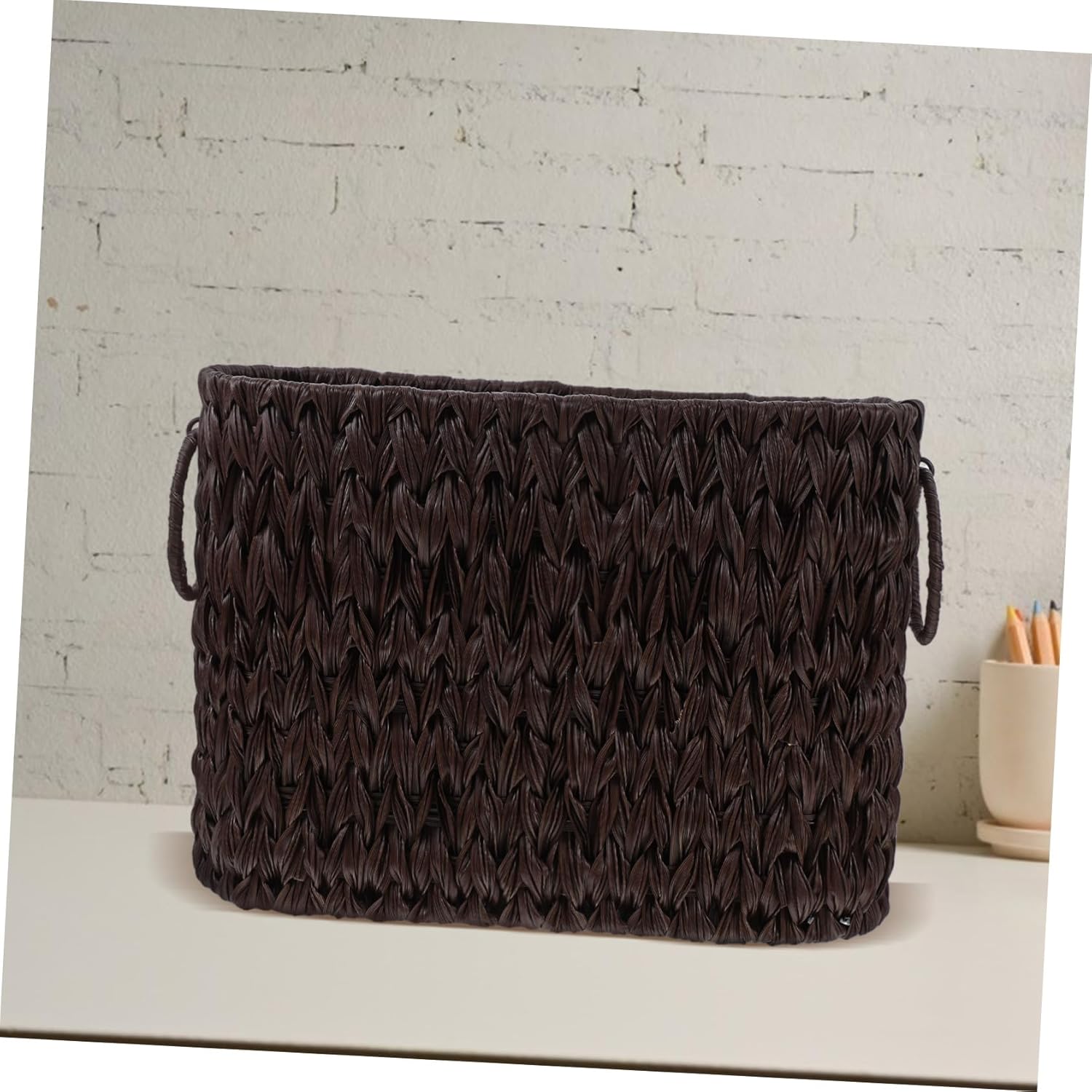 Decorative Woven Storage Basket for Organizing Magazines Newspapers and Sundries Stylish Home Table Container with Convenient Handles for Office and Living Room Use