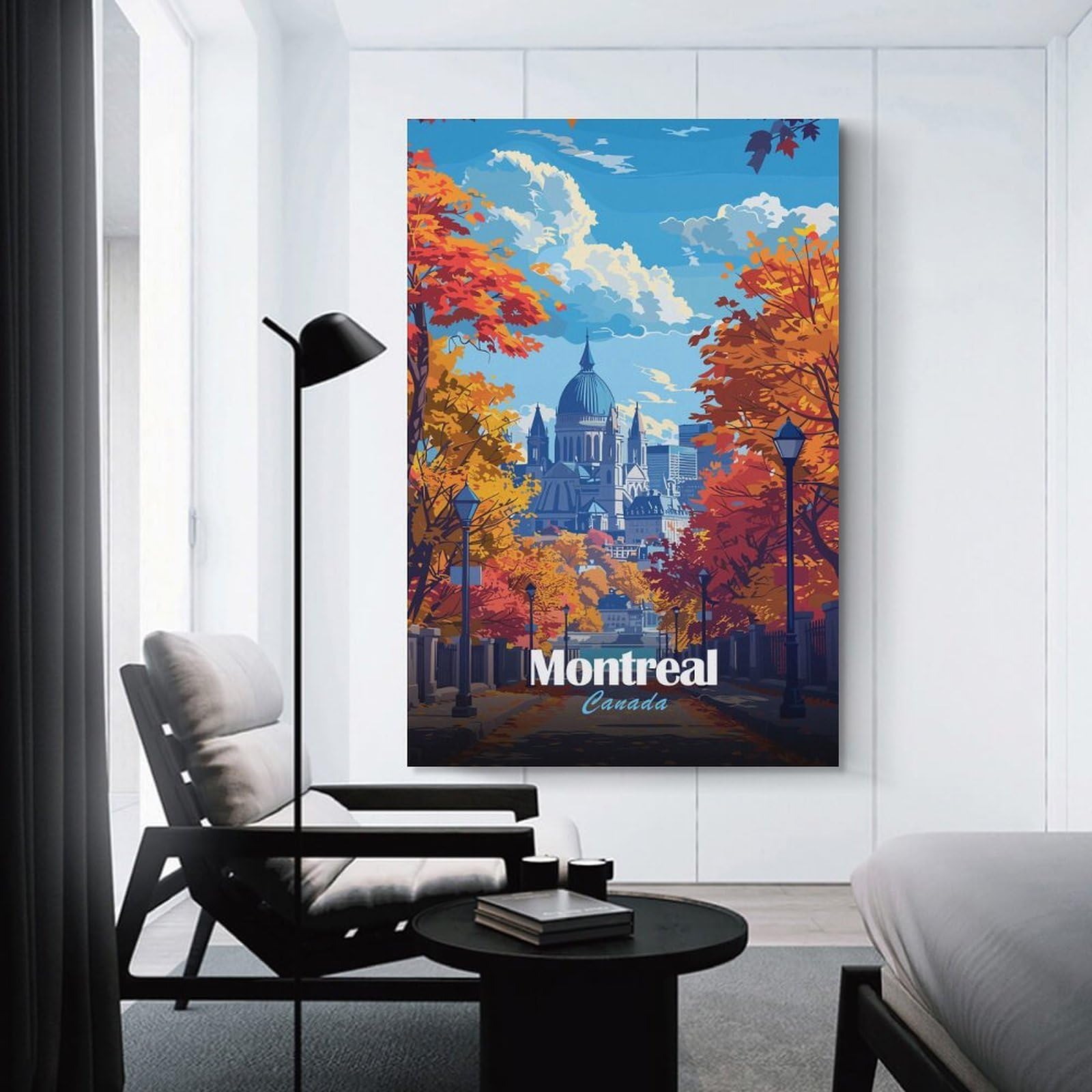 Junmoney Montreal Canada Autumn Cityscape Illustration Canvas Wall Decor 24x36inch(60x90cm), for Calm Bedrooms, Home Corners Or Flats, An Easy Wall Refresh for Bedrooms