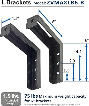 Elite Screens 6 Black Projector Screen L-Brackets, Single Metal Welded Construction, Wall or Ceiling Mount - Includes Hooks and Hardware, Model: ZVMAXLB6-B