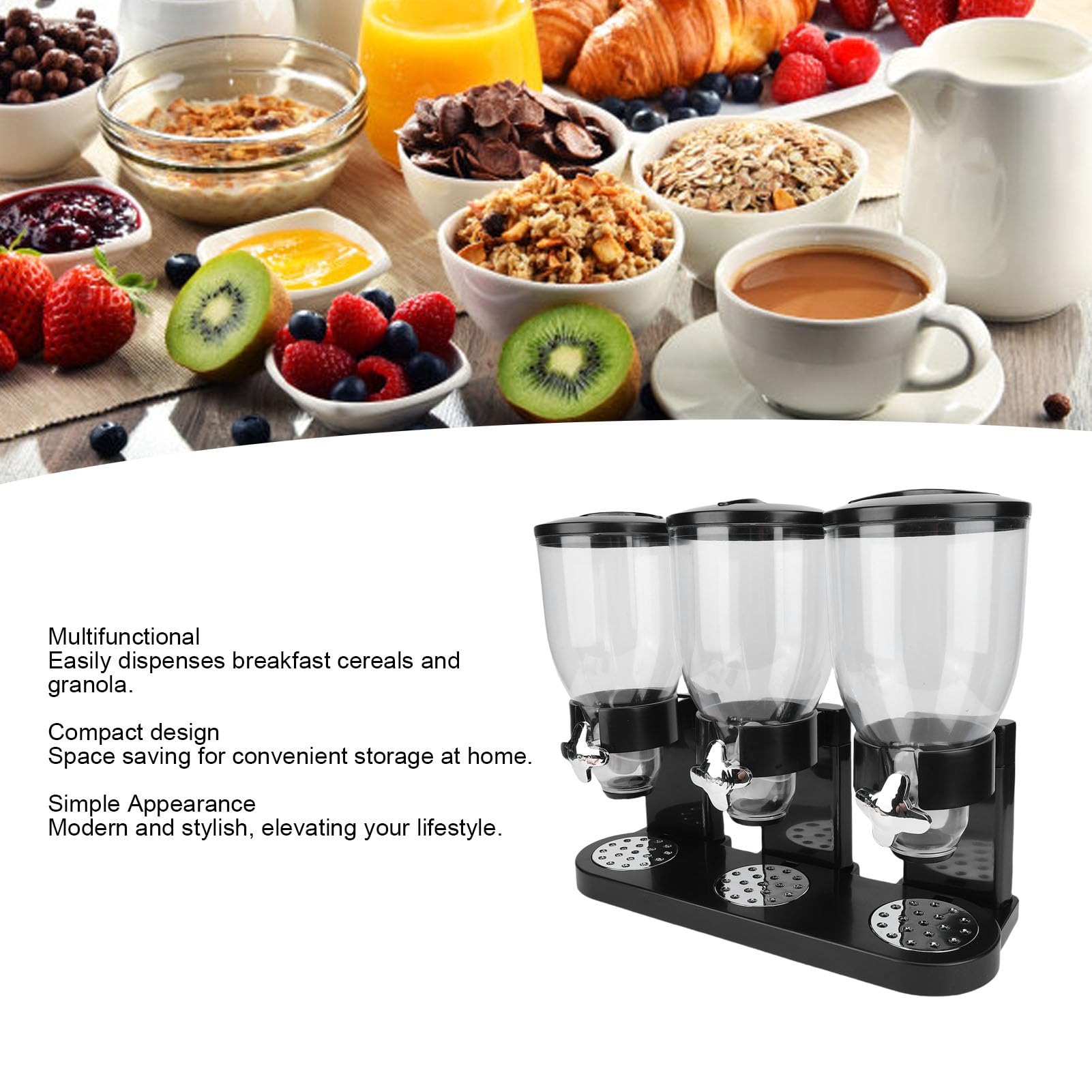 Dispensador de cereales, dispensador triple de alimentos, contenedor de almacenamiento compacto multifuncional para encimera para despensa de cocina casera, dispensador giratorio (Negra)