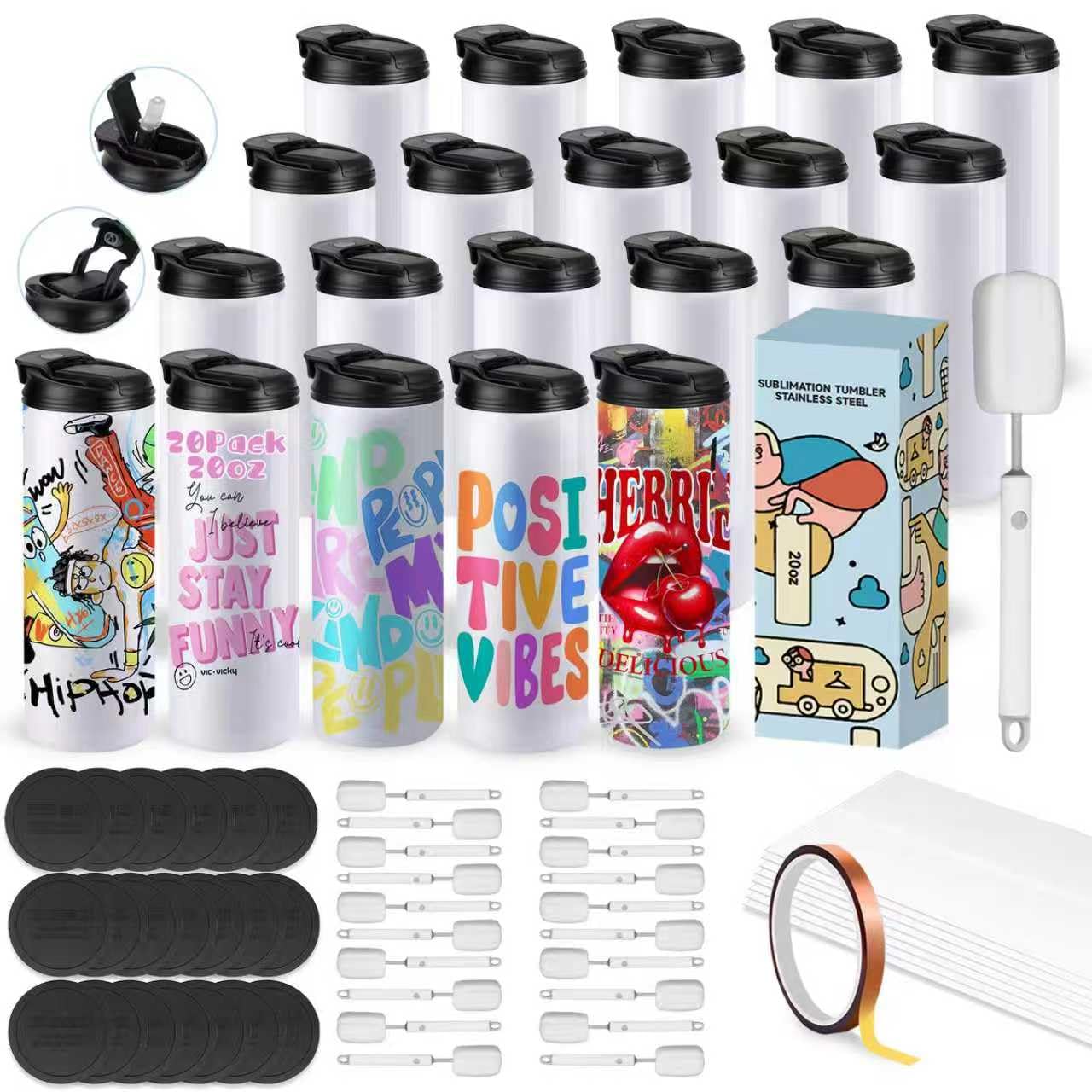 Cafultgo Sublimation Blanks 20 Oz Tumbler 20 Pack Sublimation Tumbler with Straw Lid Blank Tumbler Bulk with Shrink Wrap, Rubber Base, Heat Tape for Heat Transfer (20PCS)