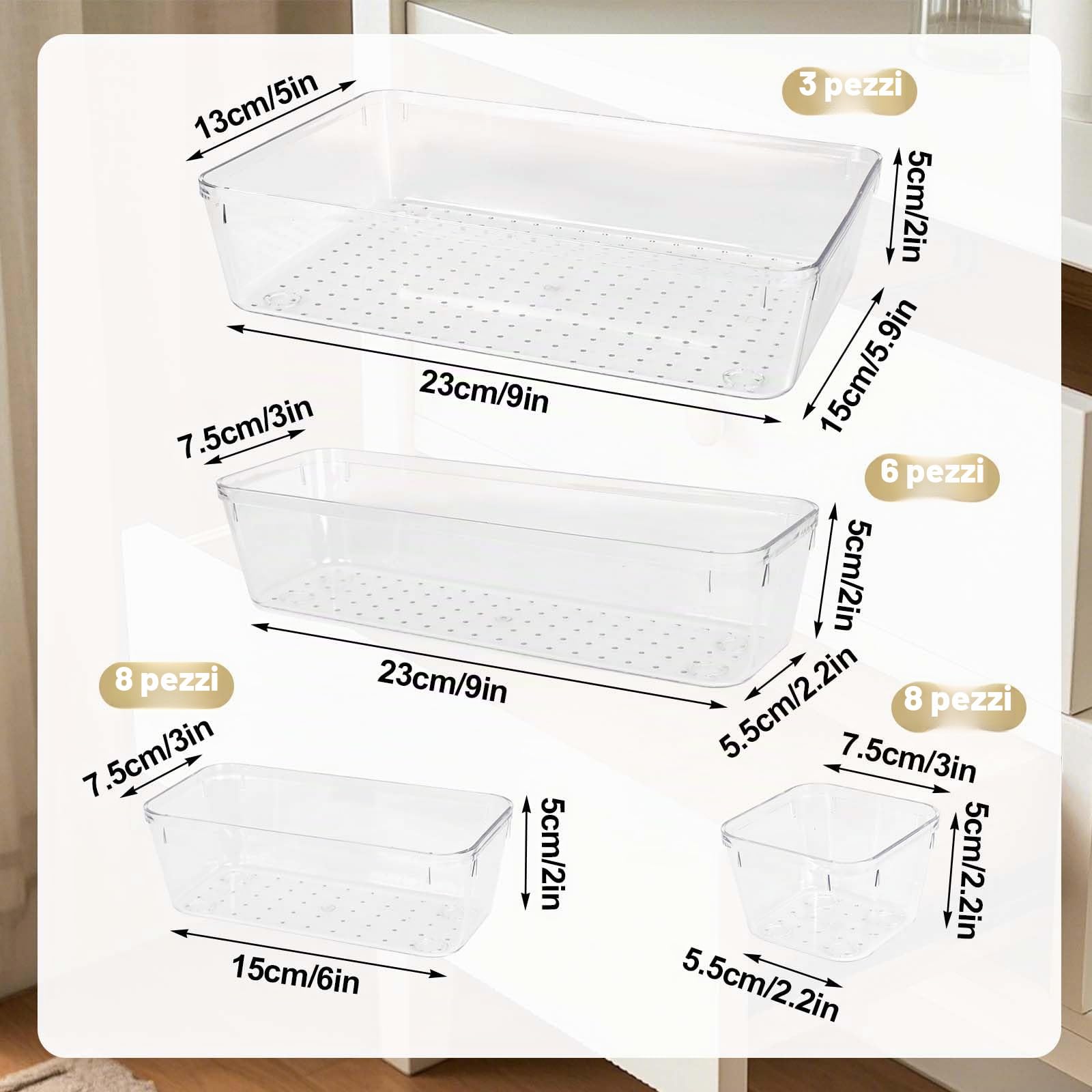 25 Organizzatore Cassetti Trasparente - 4 Misure Diverse - Divisori per Cassetti per Trucco, Ufficio, Cucina, Officina
