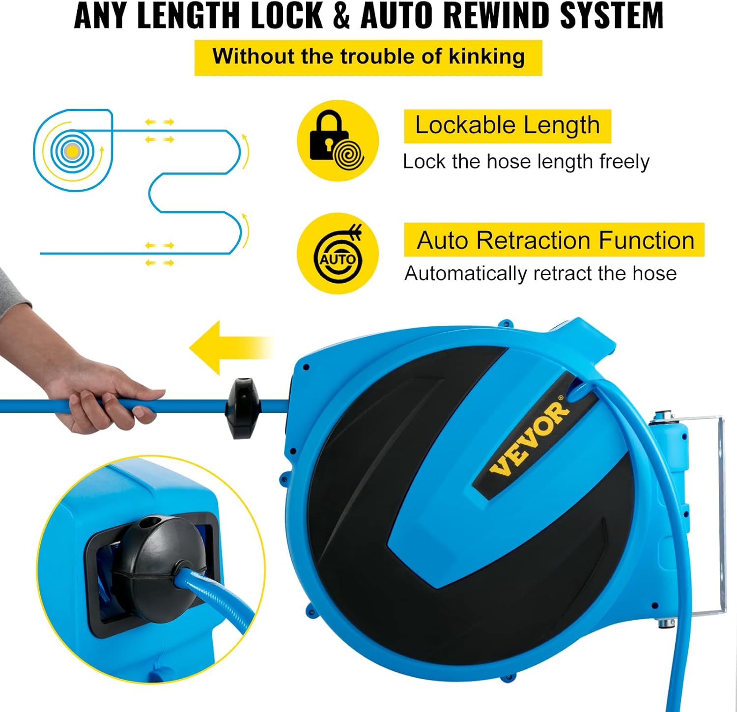 VEVOR Retractable Hose Reel, 5/8 inch x 90 ft, Any Length Lock & Automatic Rewind Water Hose, Wall Mounted Garden Hose Reel w/ 180° Swivel Bracket and 7 Pattern Hose Nozzle, Blue : Patio, Lawn & Garden