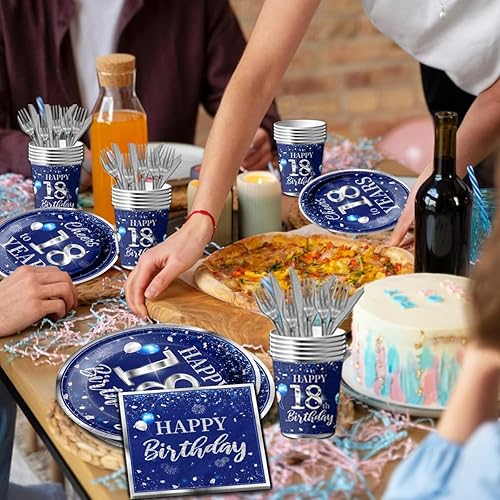 Miniatura 4 de GREHUMOR 142 piezas de vajilla de cumpleaños de 18 años para niños, color azul plateado, suministros de fiesta de cumpleaños de 18 años, manteles
