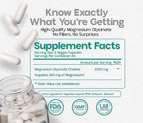 Miniatura 8 de Cápsulas de glicinato de magnesio 1000 mg  Suplemento de magnesio quelado para relajación muscular, fortalecimiento óseo, salud cardíaca y apoyo del