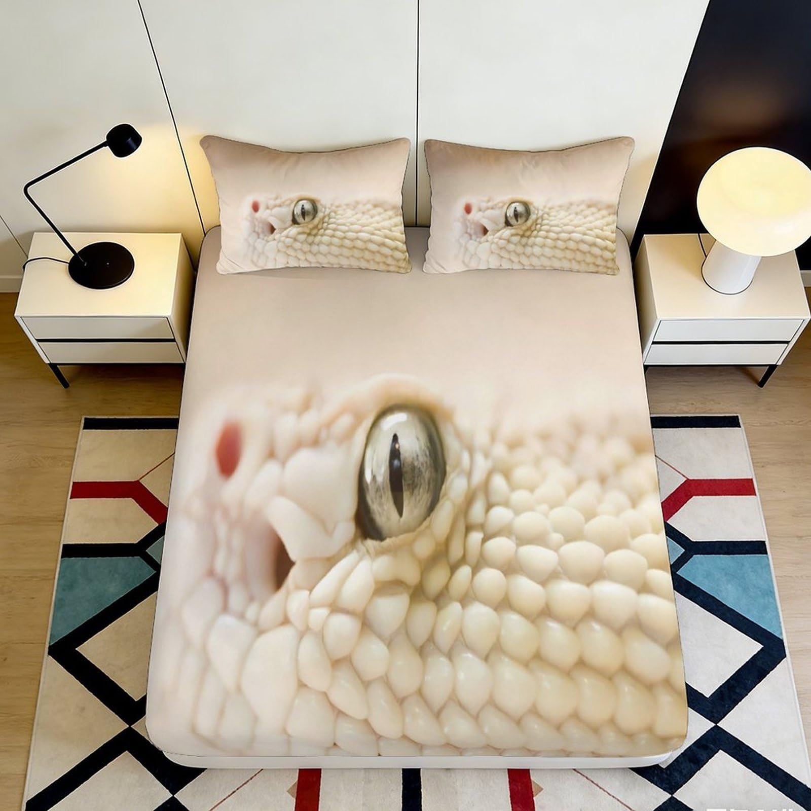 3D Printed White Snake Pattern Fitted Sheet Microfiber Soft Durable 3D Reptile Print Mattress Cover for Bedroom Dormitory Guest Room Protection 180x200x25cm