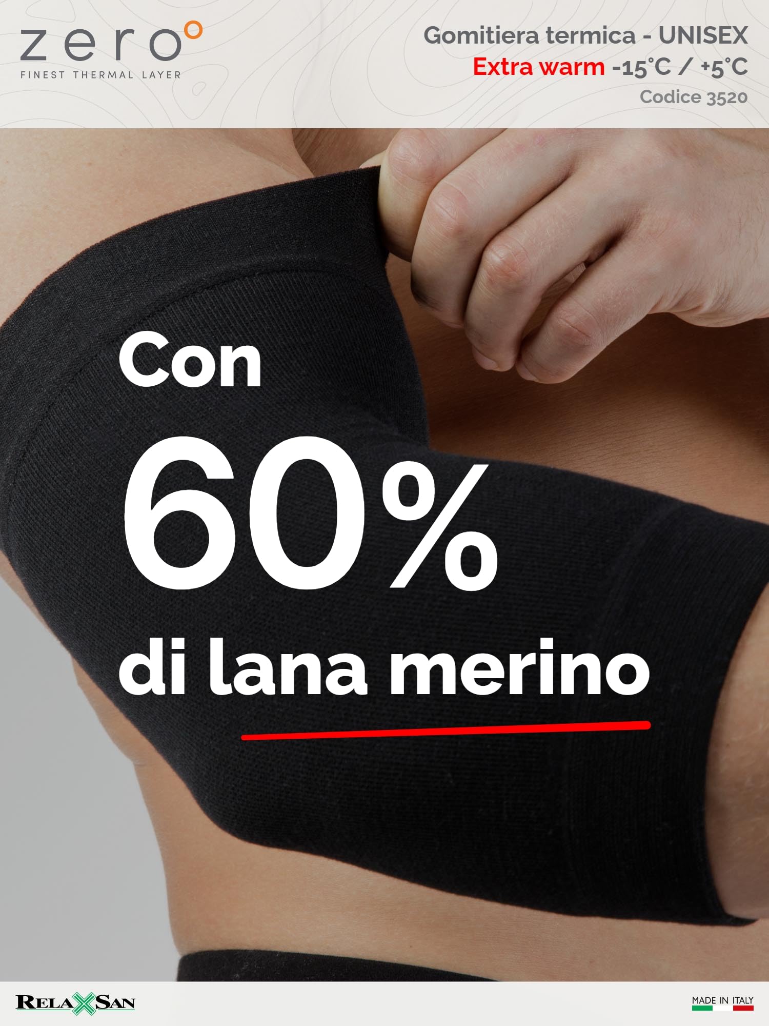 Relaxsan Zero Gomitiera, Fascia Gomito Termica con Lana Merino, Made in Italy, cod. 3520