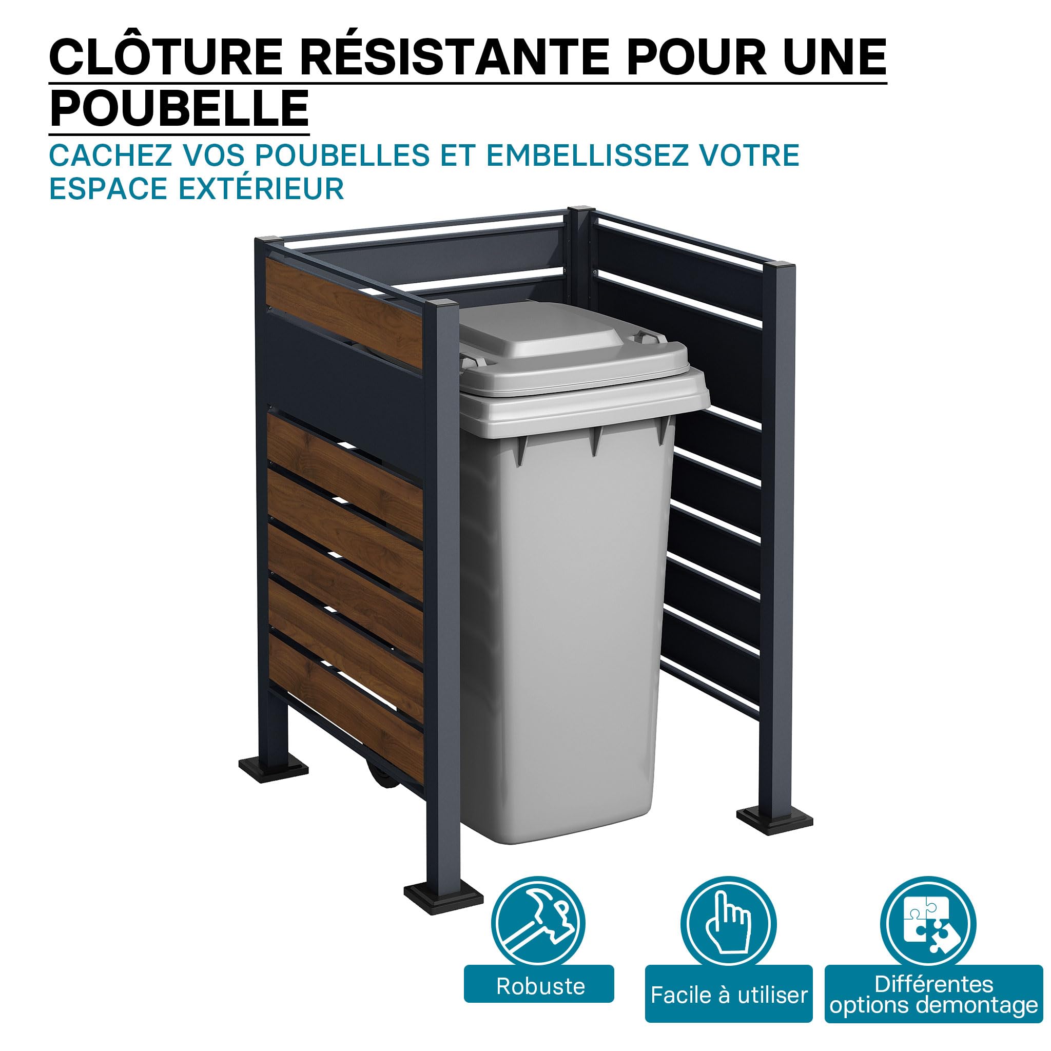 Wiltec Cache-Poubelle - 905 x 905 x 1200 mm - pour 60 à 240 L - Design Bois - en Acier - avec 3 Parois - Clôture Range Coffre Combinable