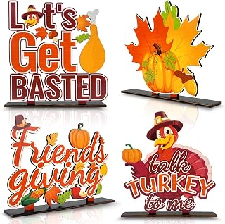 4pcs Thanksgiving Decorations Turkey Centerpiece for Friendsgiving Party | Thanksgiving Table Decorations Fall Pumpkin Maple Leaf Tabletop Wooden Sign Harvest Autumn Table Decor Sign for Home Office