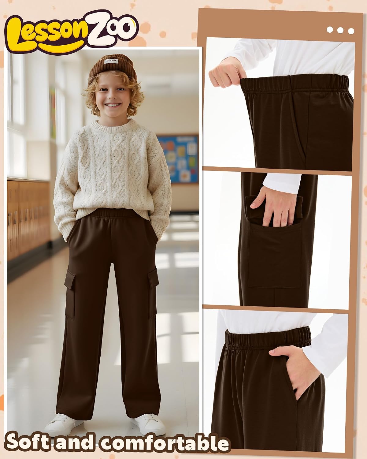 3 Pack Boys' Cargo Pants Wide Leg Baggy Sweatpants Kids Open Bottom Elastic Waist Joggers with 4 Pockets 5-14 Years