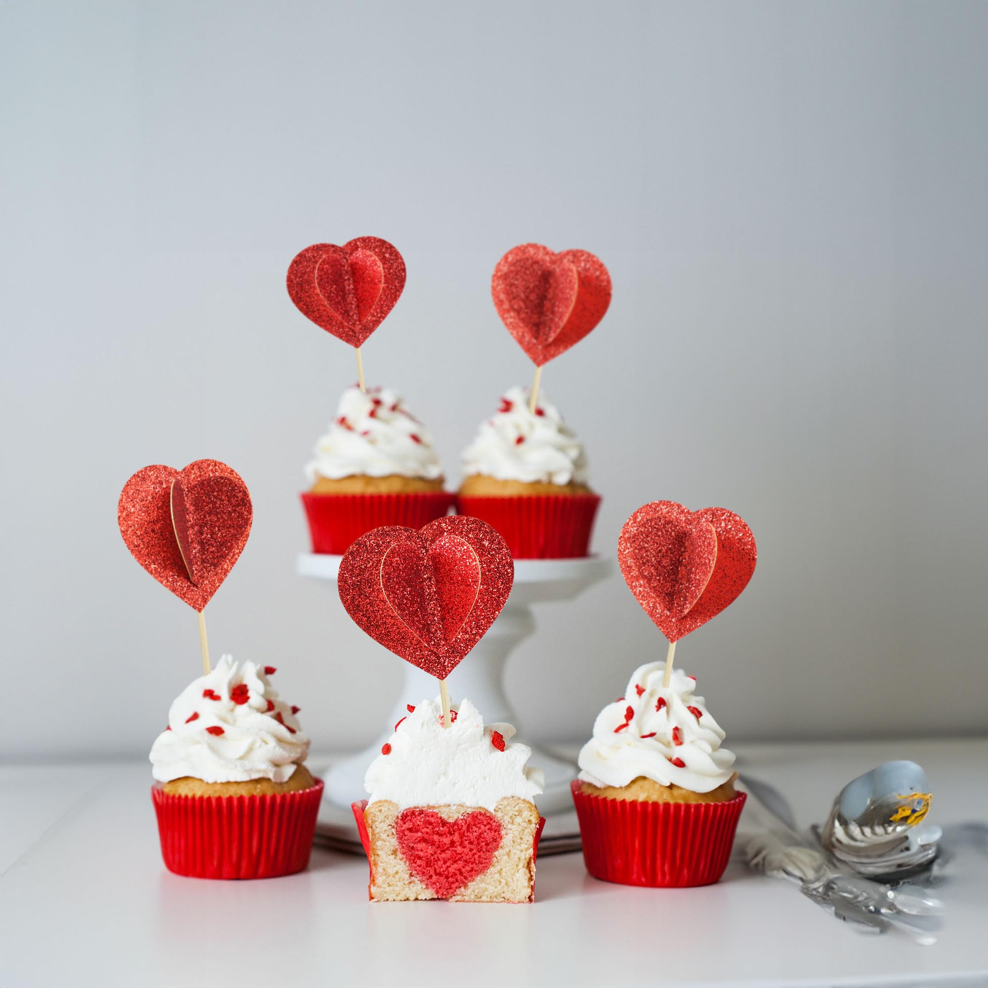 24 Stück Herz Cupcake-Topper | Gold, Pailletten | Für Valentinstag, Hochzeit, Geburtstag | Dekoration Nur
