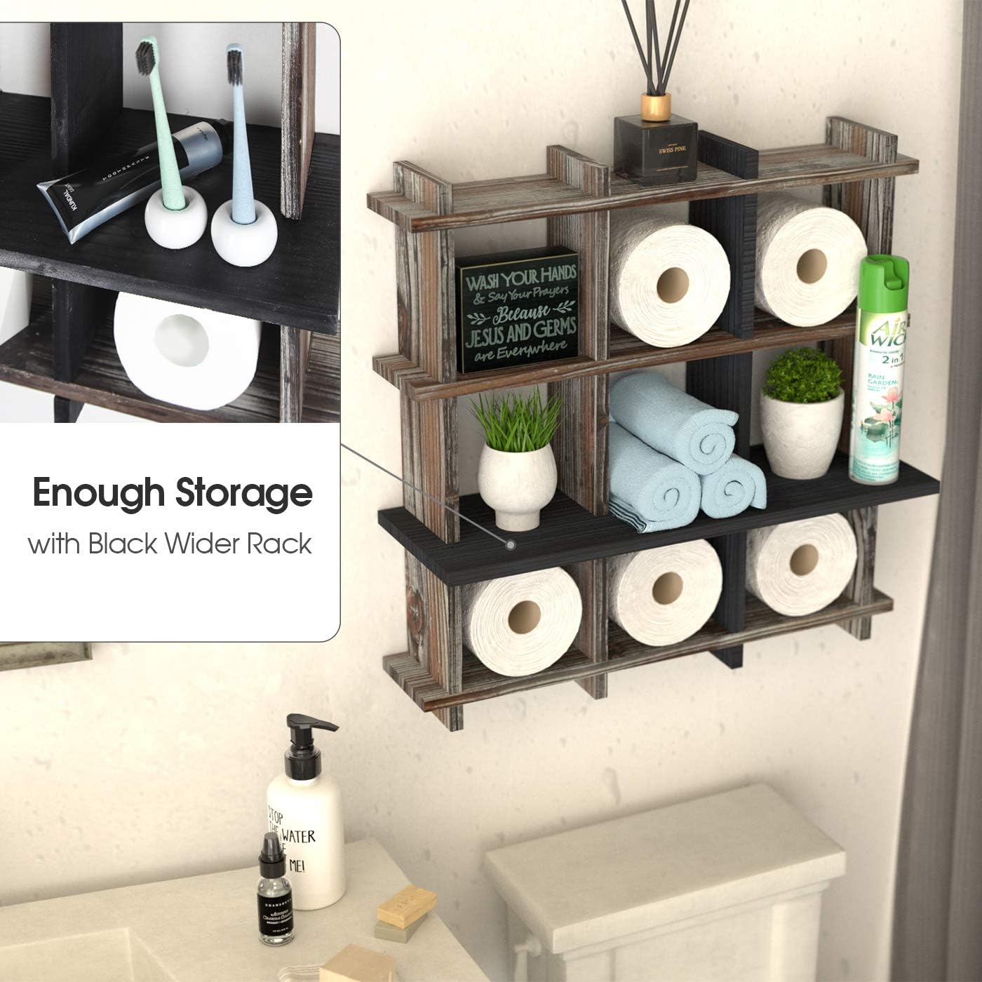 J JACKCUBE DESIGN Rustic Farmhouse Wooden Bathroom Shelves, Wooden Over The Toilet Shelf Toilet Paper Cabinet Tissue Roll Towel Plant Storage Organizer with 9 Compartments for Bathroom Decor - MK627A