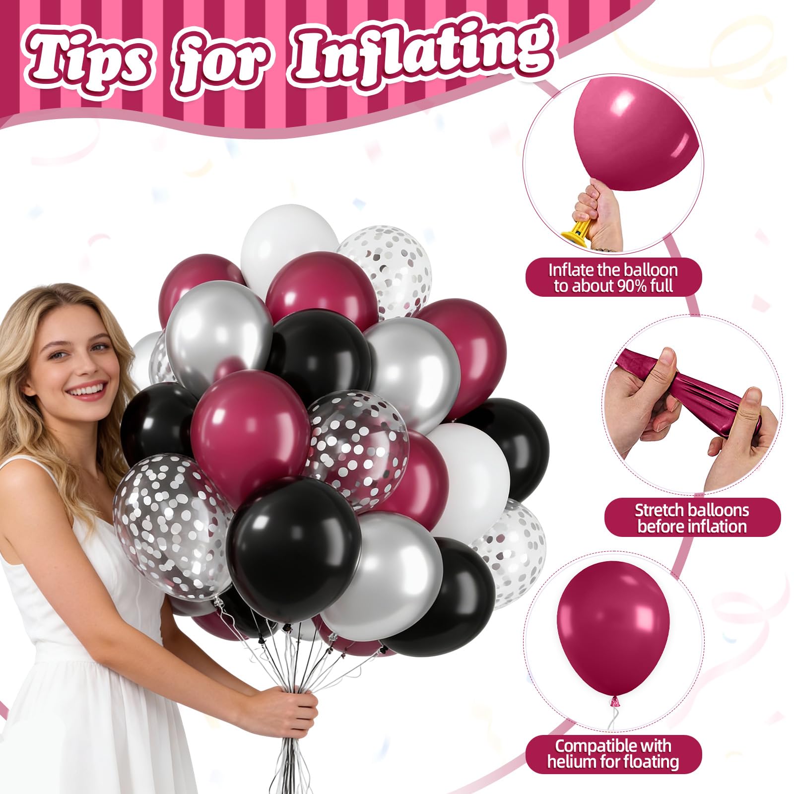 FunHot Kastanienbraune Luftballons, 50 Stück, Burgunderrot, Schwarz, 30,5 cm, Burgunderrot, Metallic-Silber, Konfetti-Latex-Luftballons für Geburtstag, Hochzeit, Babyparty, Brautparty, Abschlussfeier