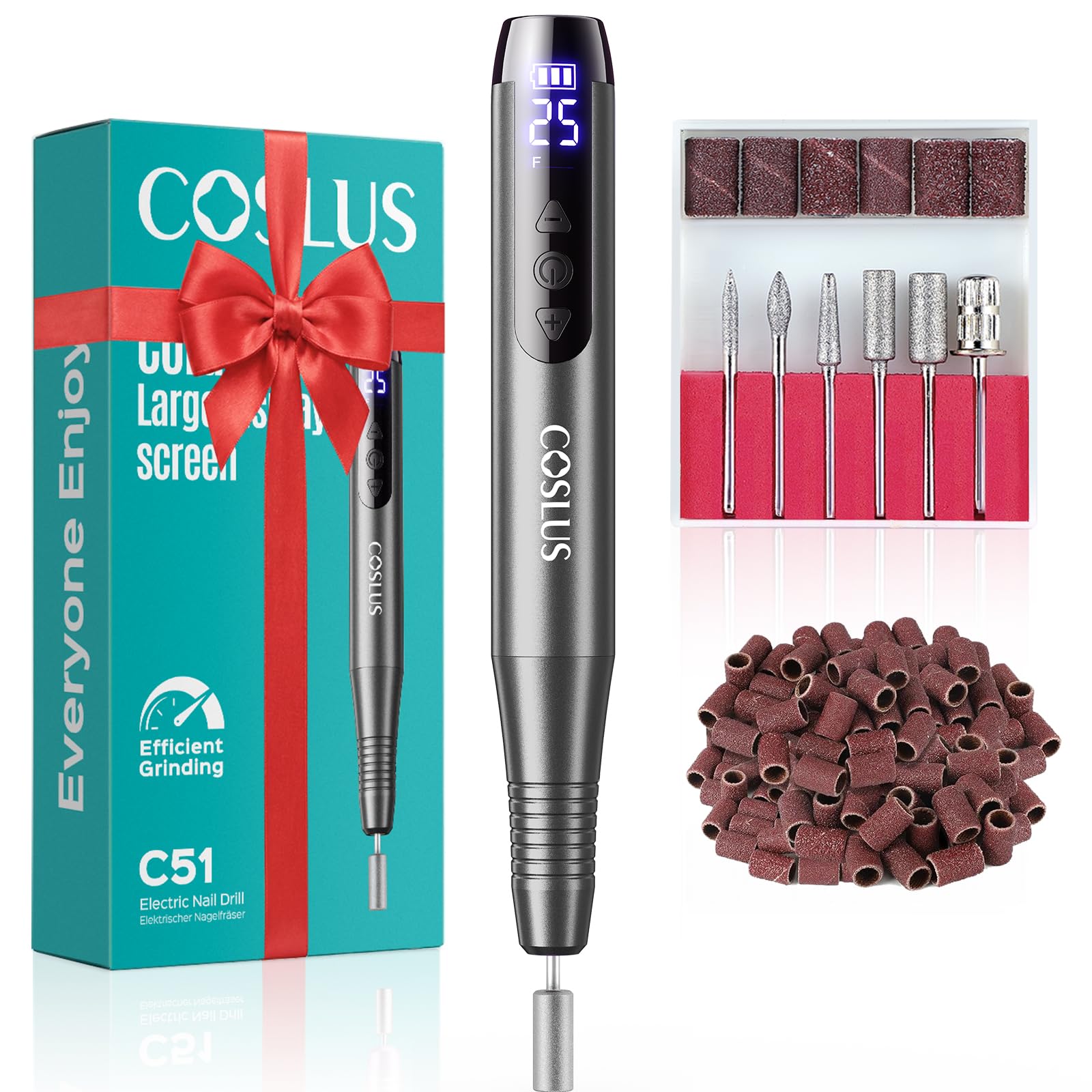 COSLUS Kabellos Tragbar Elektrischer Nagelfräser: Elektrische Nagelfeile für Gelnägel 35000 u/min Nail Drill mit LED-Display & 25 Geschwindigkeiten für Nägel & Acrylnägel portabel für Reisen, Grau