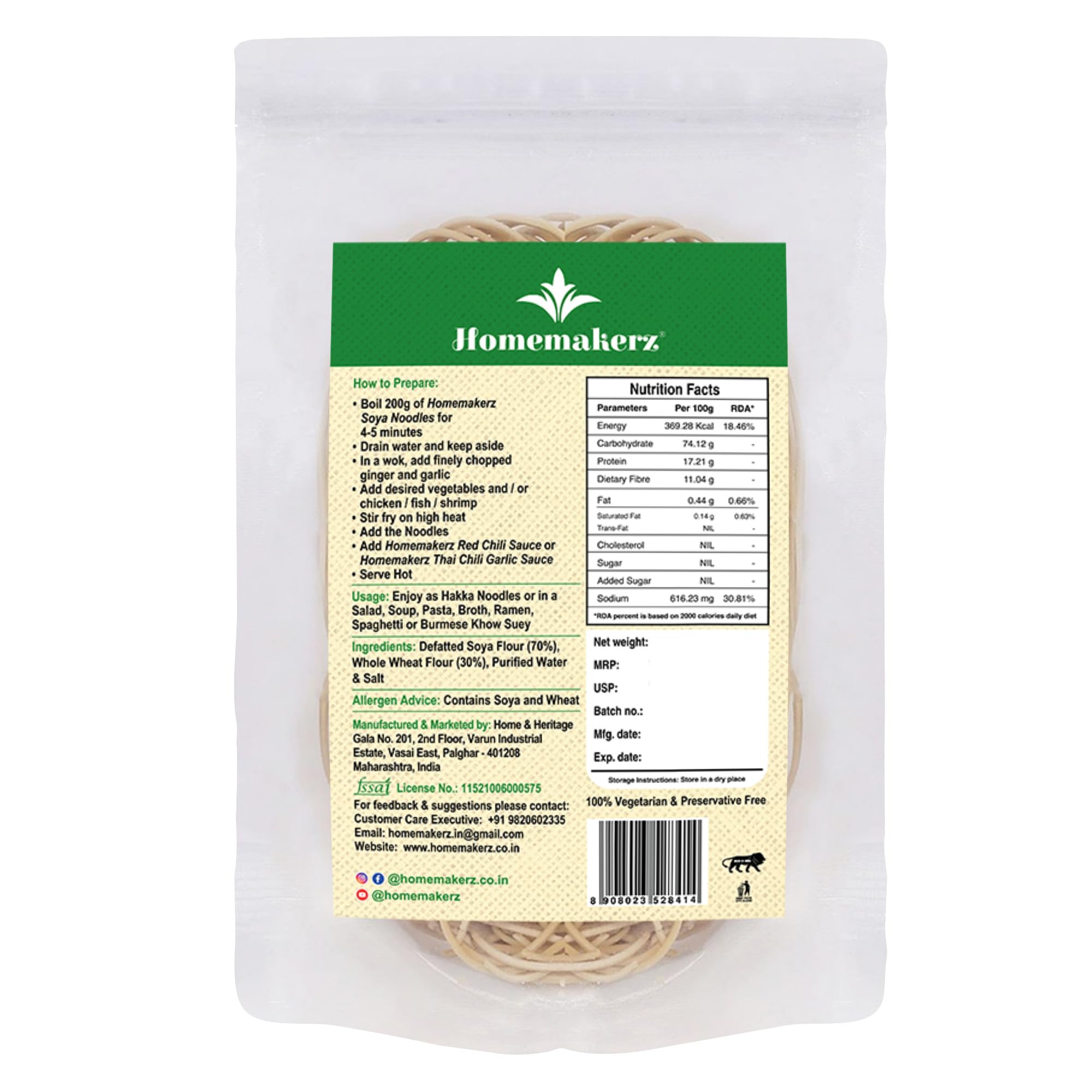 Homemakerz Soya Noodles, Natural, Preservative Free, Not Fried & No Oil, Zero Maida, Healthy & Tasty Hakka Noodles With High Fibre & Protein, 200g 1