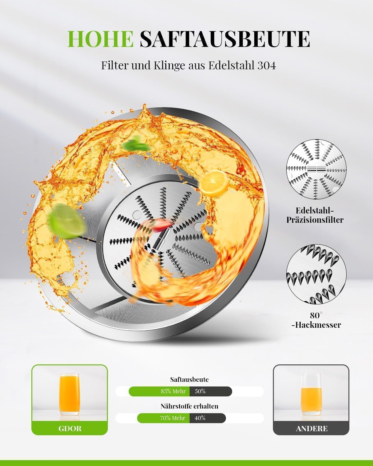 GDOR 800W Entsafter Juicer Machine aus Edelstahl 76mm Großem Mund Entsafter Gemüse und Obst 3 Geschwindigkeitsstufen Juicer Schnelles Entsaften Leicht zu Reinigen Zentrifugaler mit Bürste BPA-frei