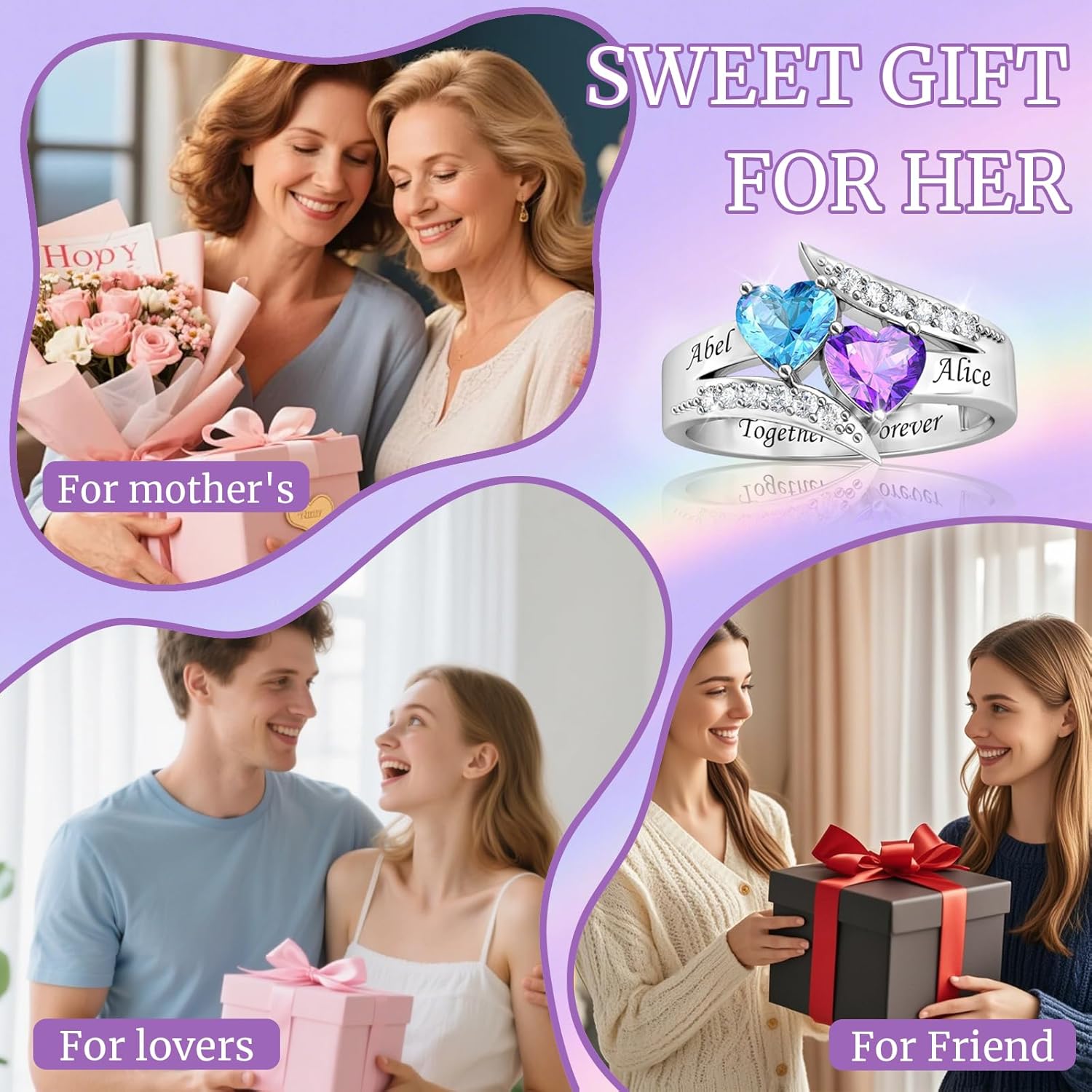 Personalized Birthstone Ring for Women–Mothers Rings with 2 3 4 Birthstones&Names,Customized Gifts for Mom,Grandma,Wife on Mother's Day, Birthday, Anniversary