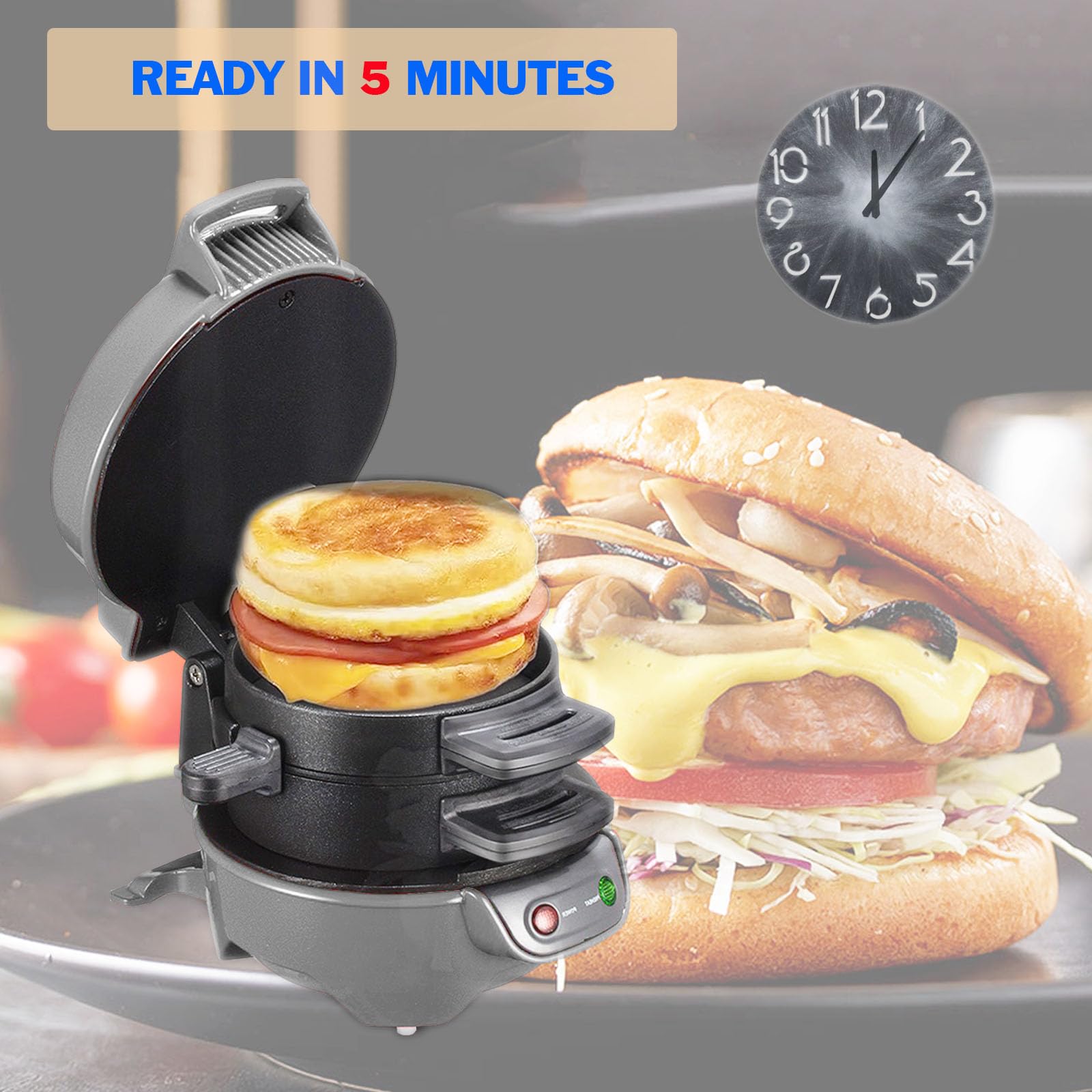 Tostiera Sandwich Maker, Pressa Per Panini Con Anelli Per Uova E Timer, Macchina Per Hamburger Piastre Antiaderenti, Per Hamburger, Panini, Toast, Waffle, Colazione Presto (Grey)