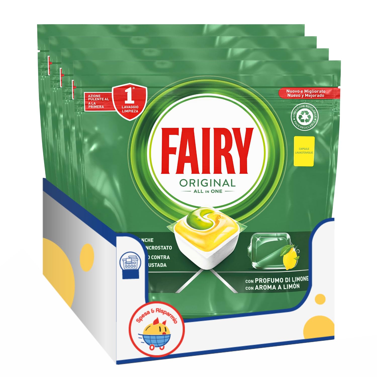 Pastiglie Lavastoviglie Azione Sgrassante con Profumo di Limone – 31 Caps kit con Spugna Brandizzata SPESA & RISPARMIO Inclusa – Variazioni 4/8/12 Pezzi (4)