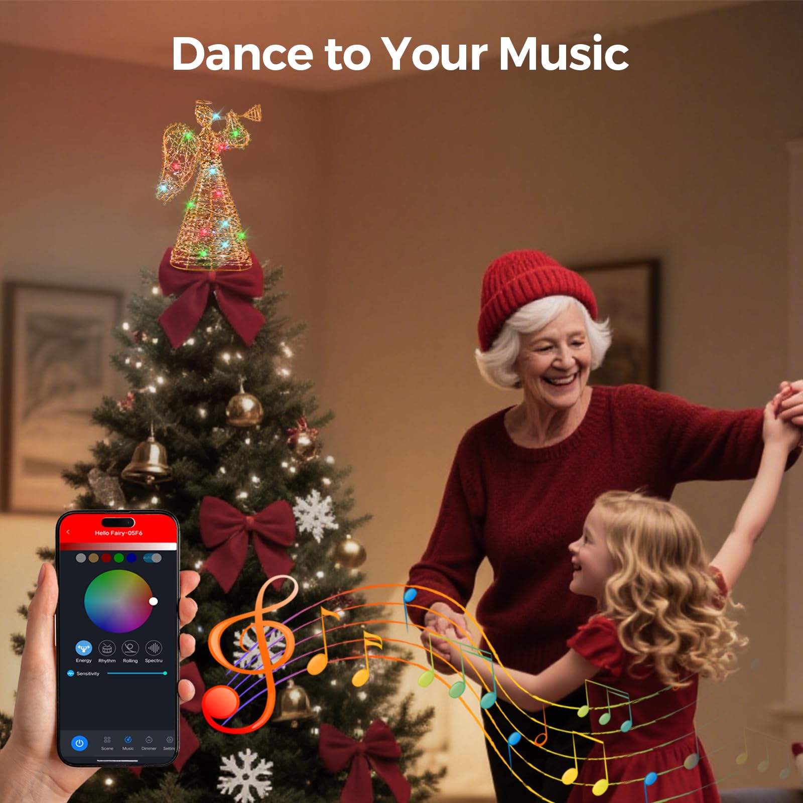 Brave Dream - Puntale per albero di Natale, 28 cm, RGB, con timer, controllo app, alimentazione USB, sincronizzazione musica, puntale per interni, decorazione per feste e vacanze