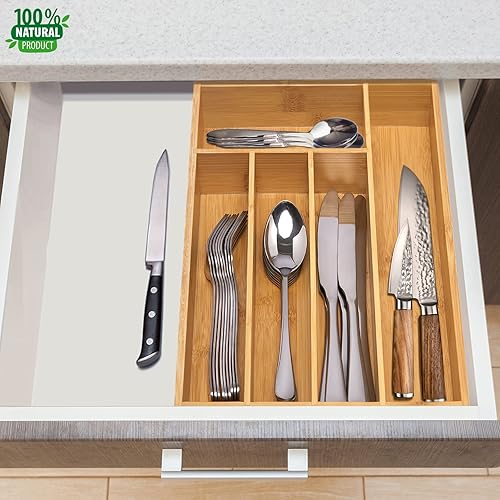 Miniatura 8 de Organizador de cajones de bambú para cocina, organizador de cubiertos y bandeja de cubiertos con separadores de cajones ranurados para cubiertos,
