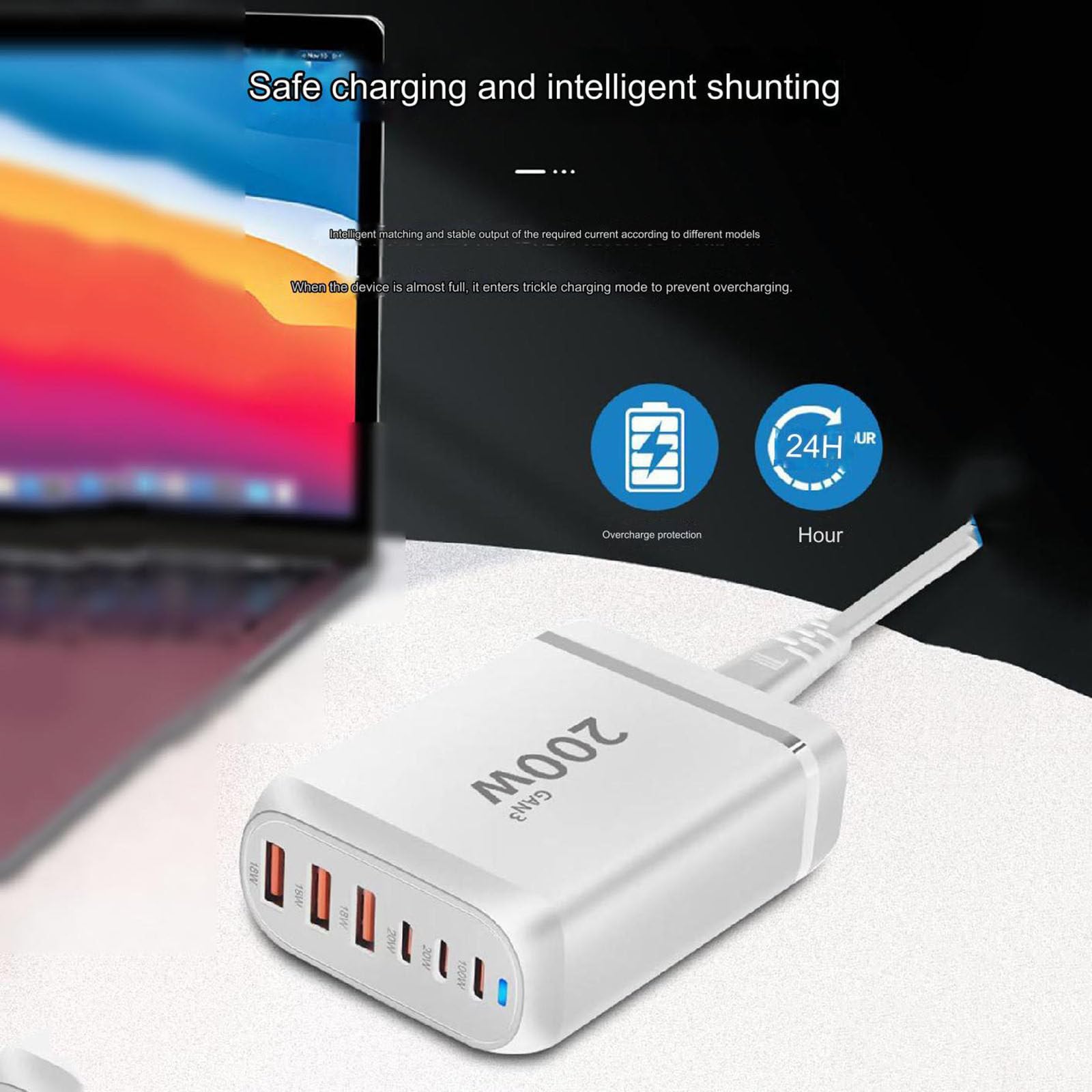 Cargador multipuerto de 200 W, cargador de escritorio USB de 6 puertos, cargador PD, cargador rápido 3,0, cargador USB móvil,White