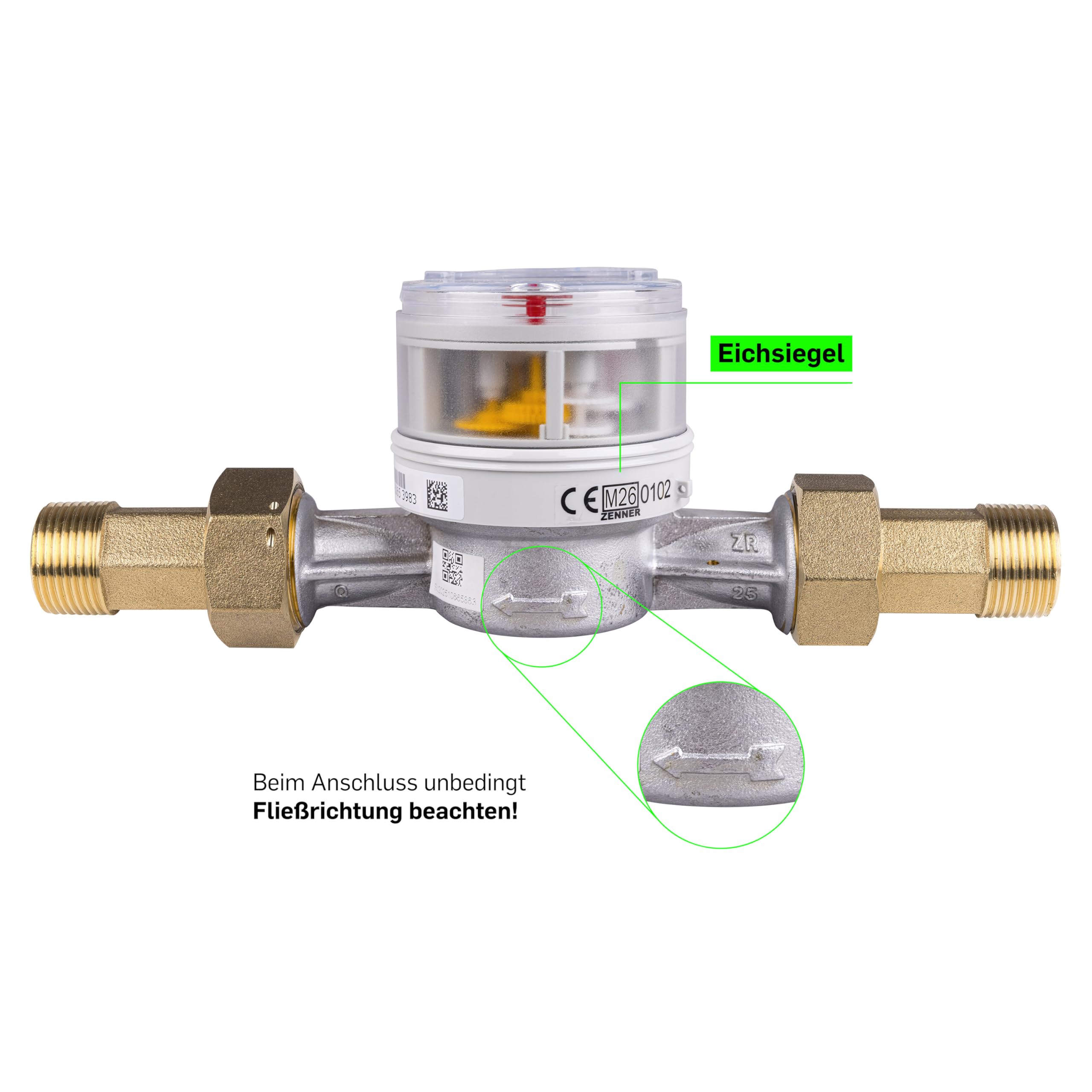 Zenner Compteur d'eau froide + chaude 3/4", longueur 130 mm, gris, avec raccords à vis et joints, calibrage 2026