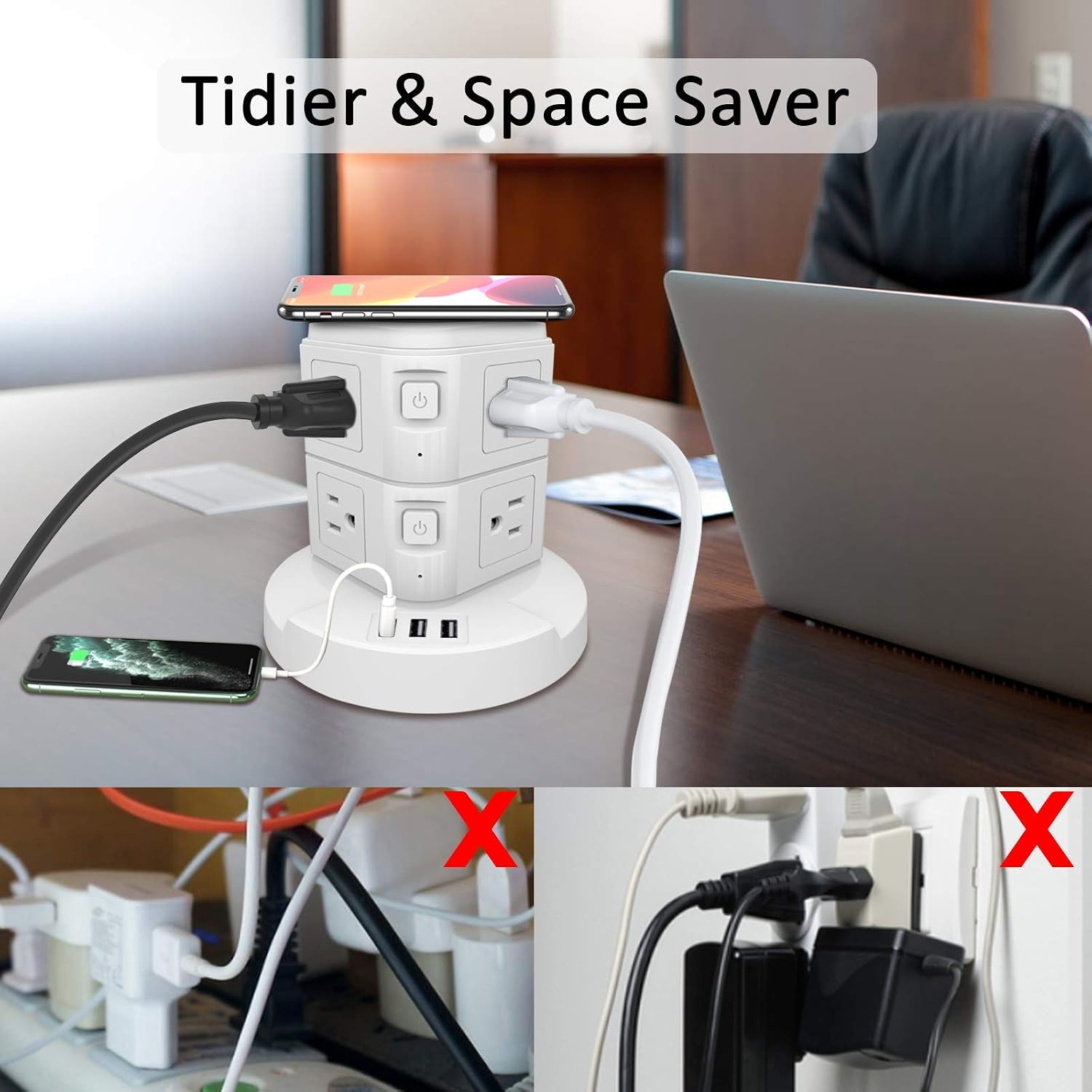 Desktop Power Strip Tower with USB, 10W Wireless Charger Surge Protector Tower, Vertical Charging Station with 8 AC Outlets + 3 USB Ports and 6.56 FT Extension Cord for Garage Office