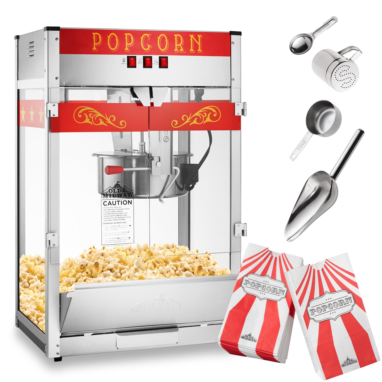 Olde Midway Commercial Popcorn Machine Maker Popper with Extra Large 16-Ounce Kettle - Red