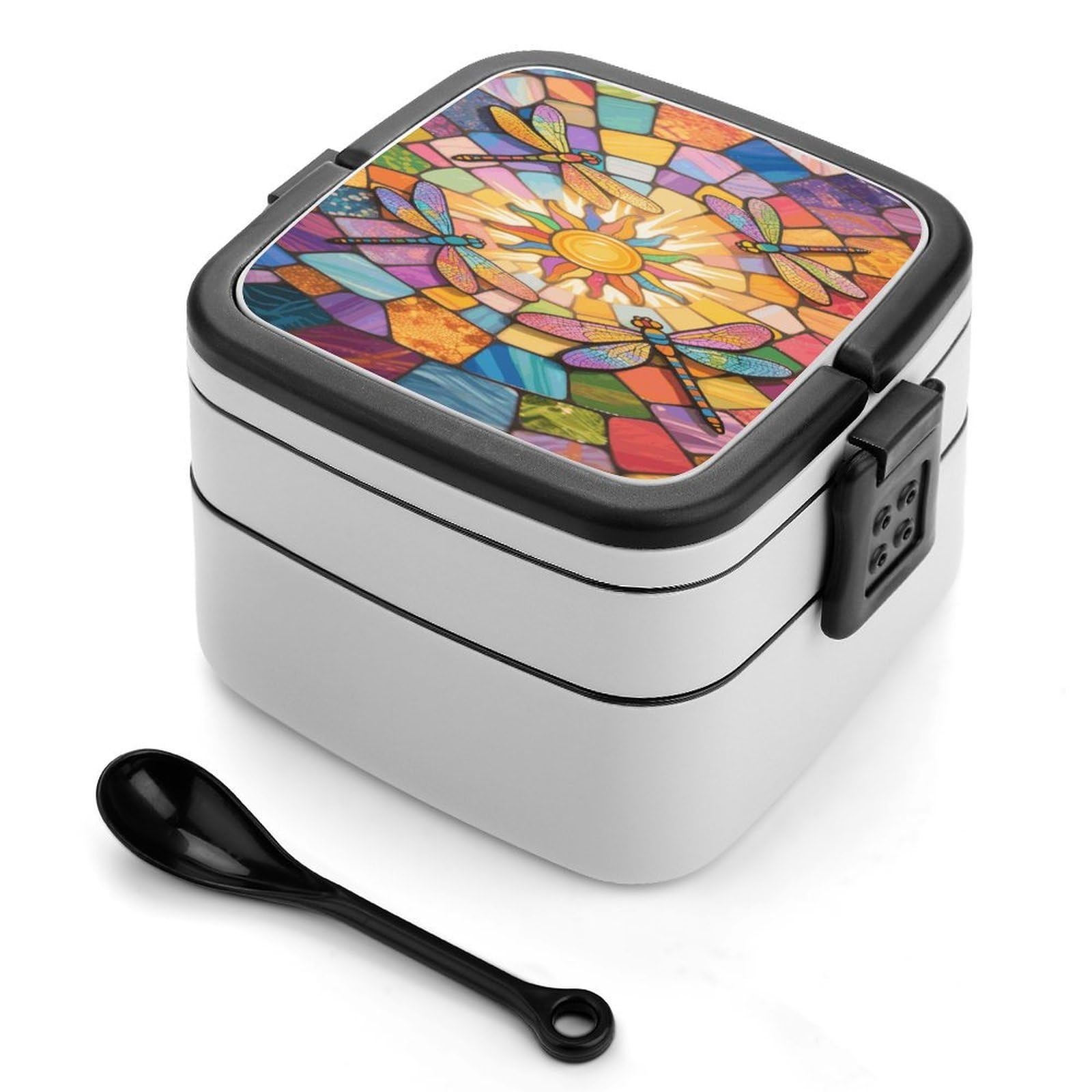 VstaDank Stained Glass Dragonfly Bento Box with Compartments Portable Lunch Containers with Spoon Leak Proof Bento Lunch Box Snap-On Design Double-Layer Insulated Lunch Boxes for Work Camping