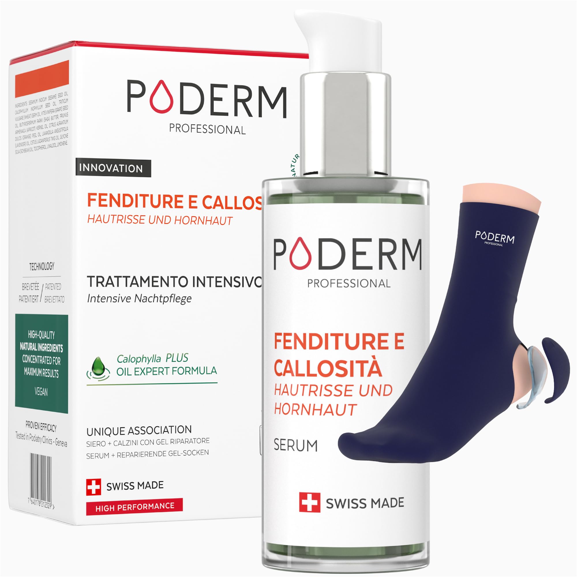PODERM - FESSURE E CALLOSITÀ - Ripara e lenisce le fessure/Nutre e ammorbidisce le callosità - TRATTAMENTO INTENSIVO NOTTE 8H - Ingredienti 100% Naturali - Cura dei piedi - Swiss Made