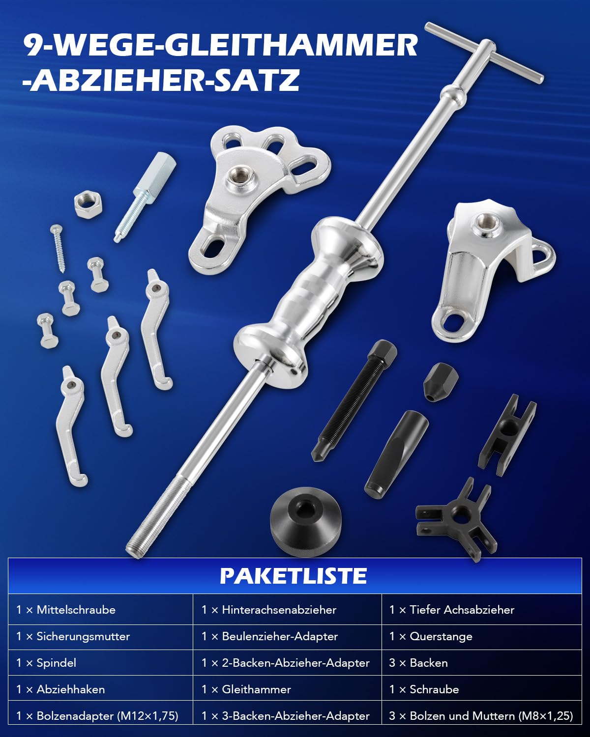 Orion Motor Tech 9-in-1 Gleithammer Set, Universal Radnabenabzieher und Radlager Abzieher Werkzeug, Schwerlast Zughammer Satz für Innen- und Außenabzieher, Antriebswellen im Koffer