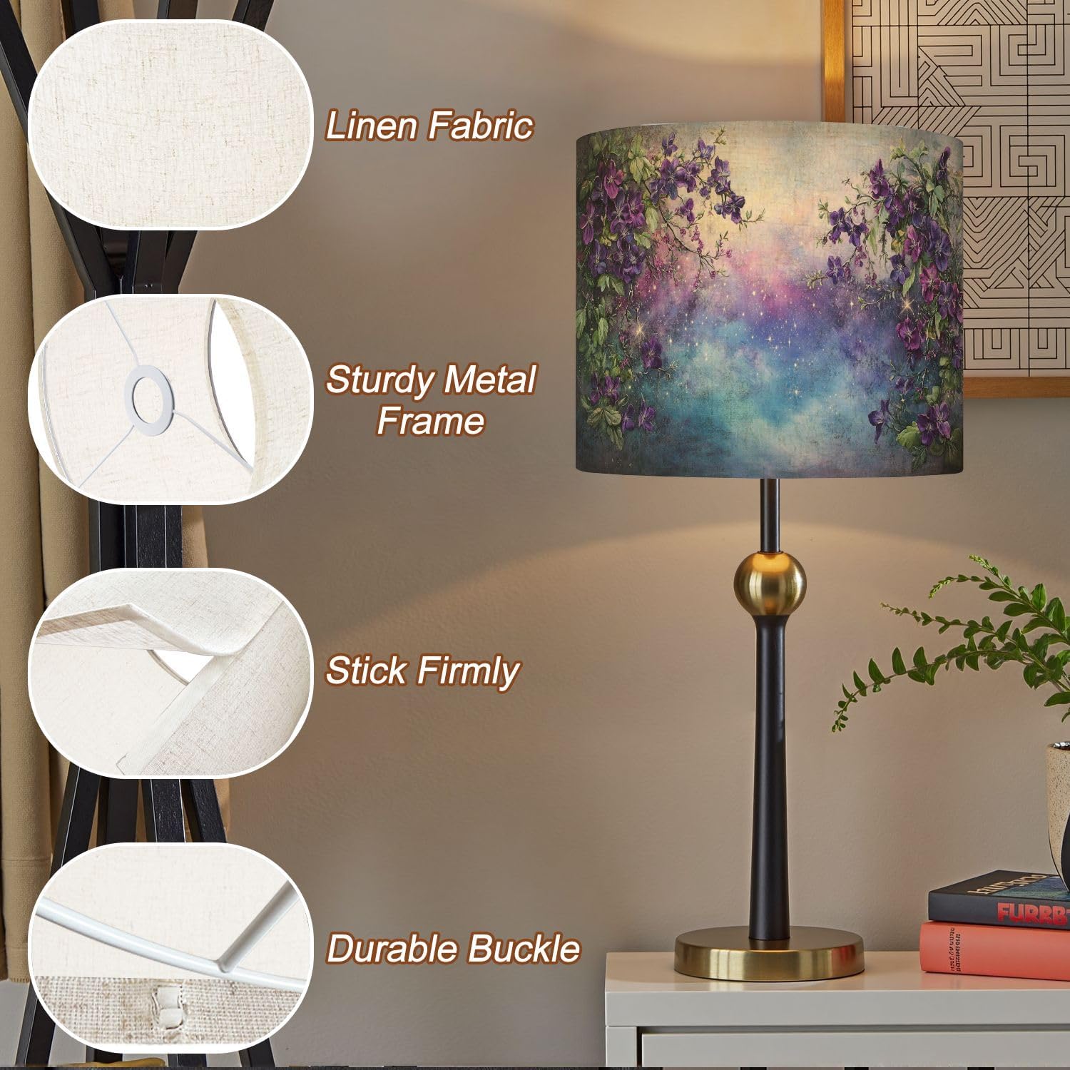 Floral Lampshades Purple Lamp Shades Boho 1 Pack Violets Surrealism Violets Wall Art Purple Canvas Wall Art Light Shade for Table Lamps Floor Lamps Drum Lamp Shades Lampshade Replacement