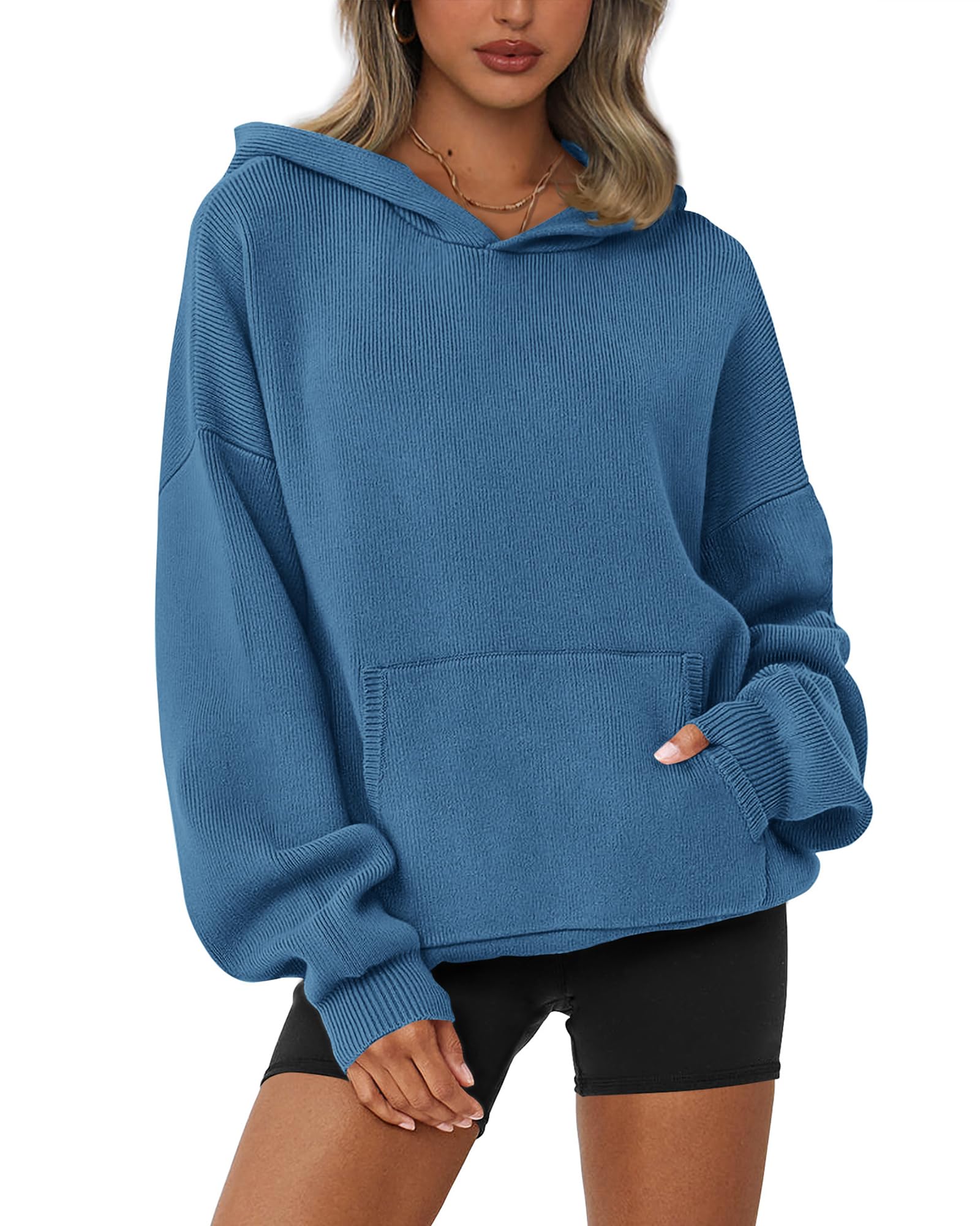 dowerme Women Oversized Sweaters 2026 Lantern Long Sleeve Drop Shoulder Chunky Knit Hooded Pullover Sweater with Pocket