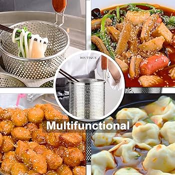 4 Pcs Pasta Cooker Stainless Steel Pasta Basket With Wood Handle Kitchen Mesh Spider Pasta Strainer Skimmer Food Dumpling Noodle Strainer Blanching Ba