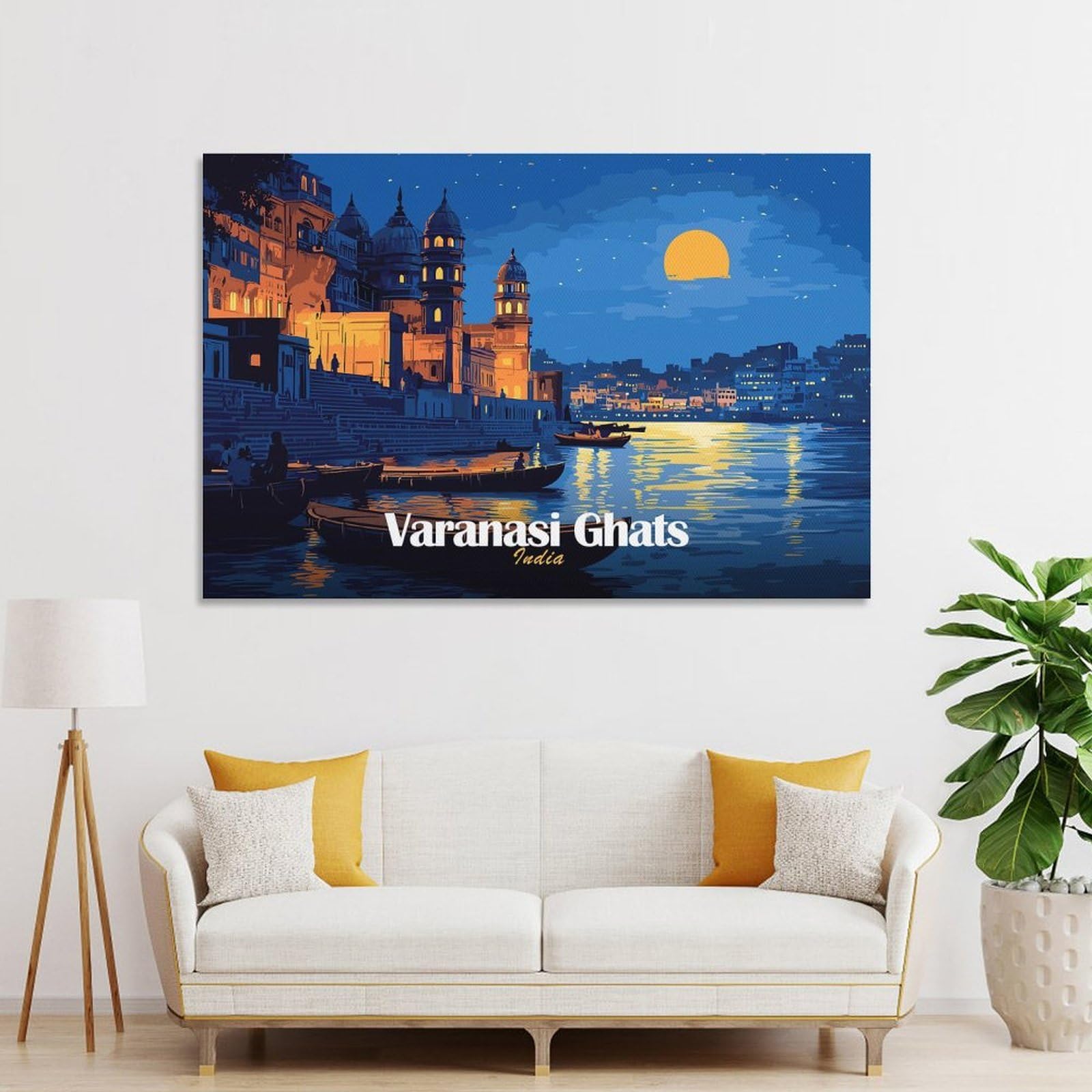 Junmoney Unframe-Style-6-1 Varanasi Ghats India Night Illustration Canvas Wall Picture, 08X12inch(20X30cm), For Wall Displays, Bedrooms Or Room Updates, Wall Decor Suited To Curated Displays