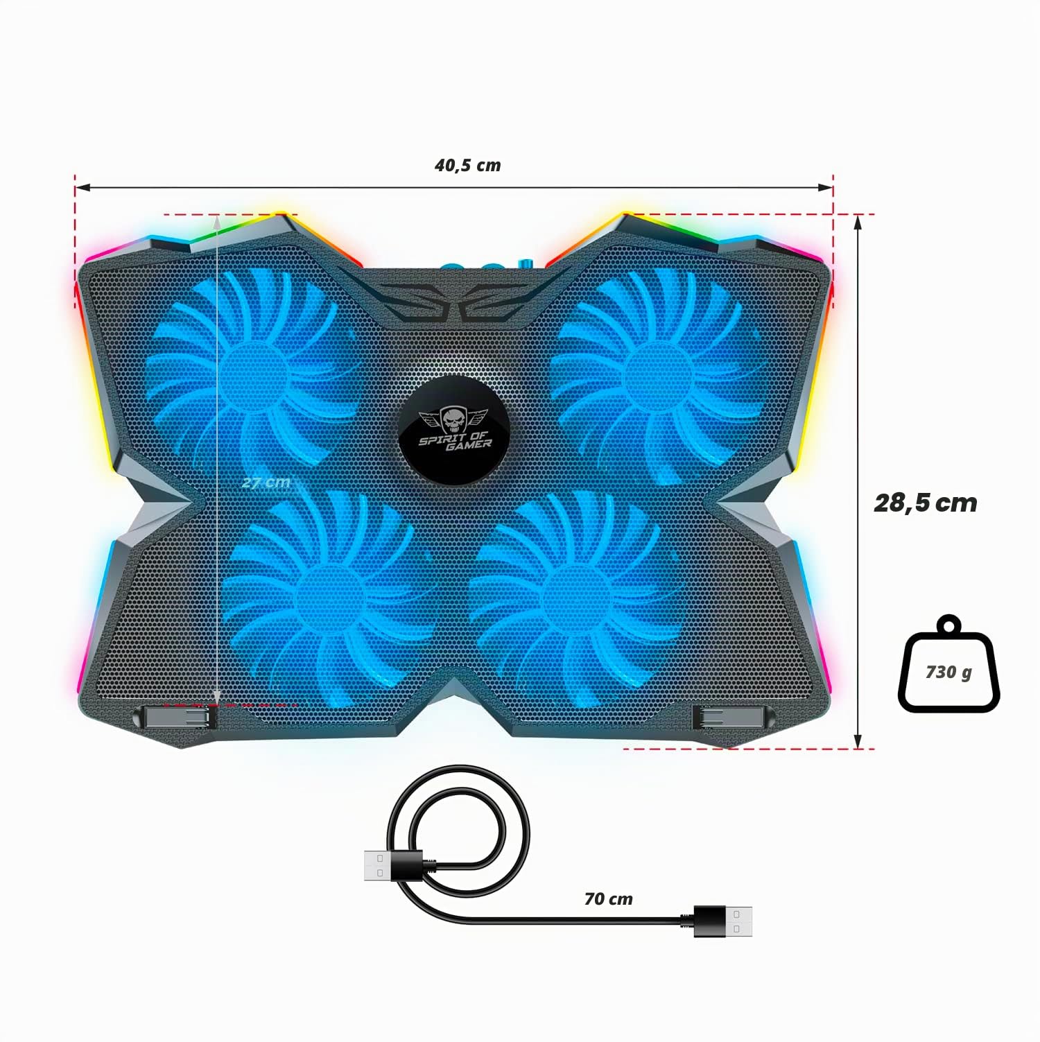 Spirit of Gamer, Base Refrigeradora Portatil de 10" a 17", 4 Ventiladores Silenciosos, Compatible con PS5, PS4, Xbox y PC, Placa de Enfriamiento Retroiluminada RGB, Soporte Ventilador Portatil