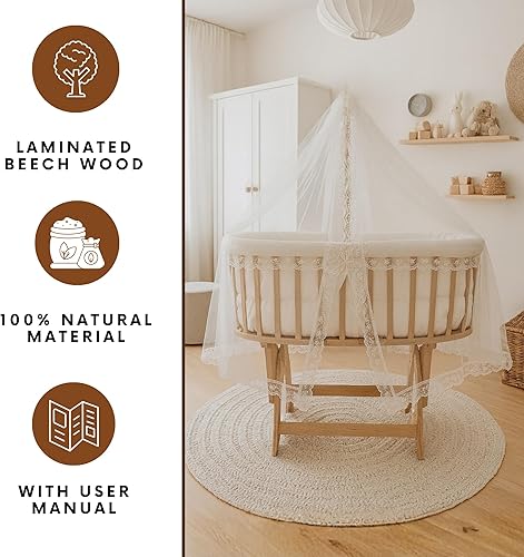 Miniatura 5 de Moisés de madera para bebé con dosel, cuna de haya natural con función de balanceo y bloqueo, incluye juego de ropa de cama 100% algodón, colchón,