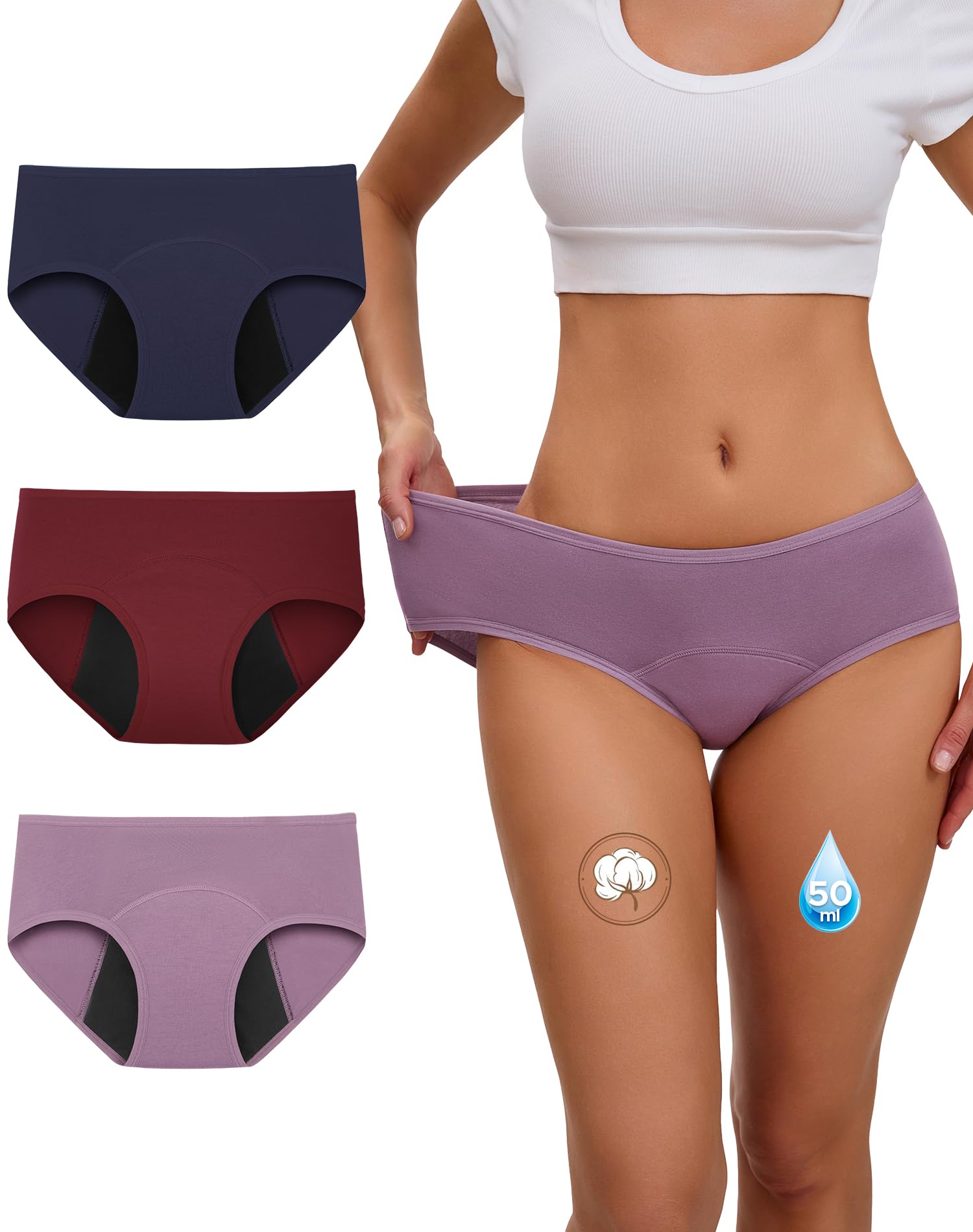 INNERSY Bragas Menstruales Mujer Flujo Abundante Cintura Media Braga Menstrual Algodón Lavables Pack de 3