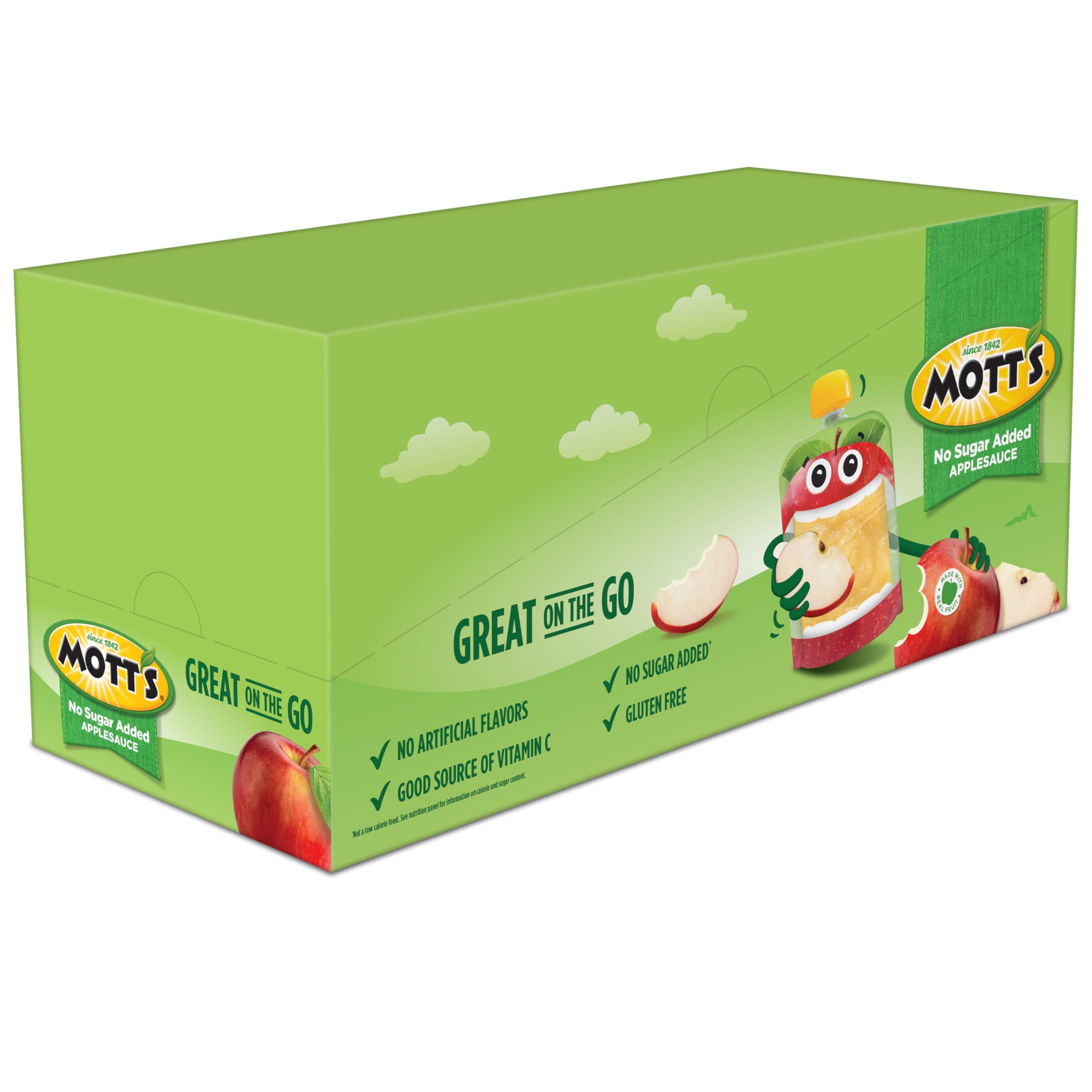 Mott's Puré de manzana sin azúcar añadido, bolsas transparentes de 3.2 onzas, paquete de 18