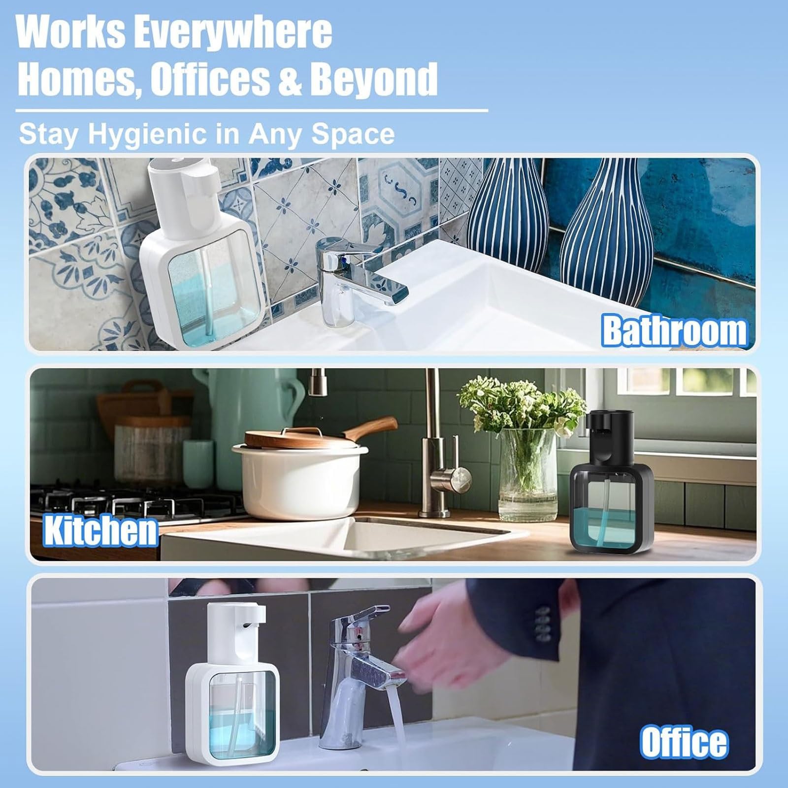 dispenser per sapone Distributore automatico di sapone con sensore, distributore di sapone for le mani senza contatto con 3 livelli regolabili for cucine, bagni e uffici grande(Svart,Foam)
