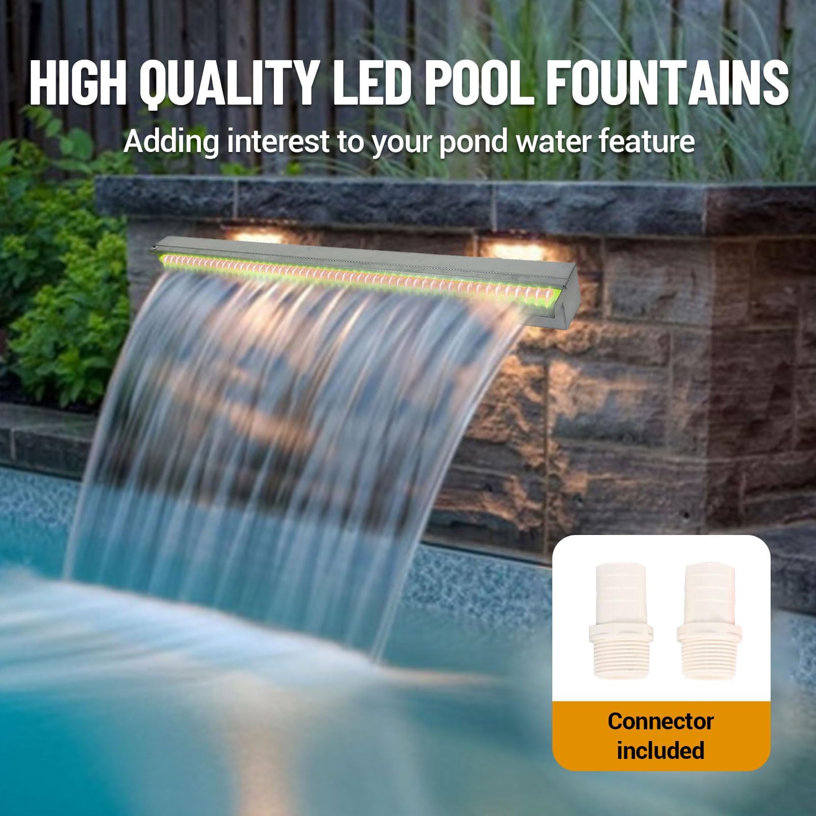Garvee Cascada de Agua de Acero Inoxidable 304 para Piscina y Jardín Fuente Rectangular Decorativa con Luces LED RGB y Mando a Distancia para Estanque Exterior y Paisajismo Patio 90 cm Plata