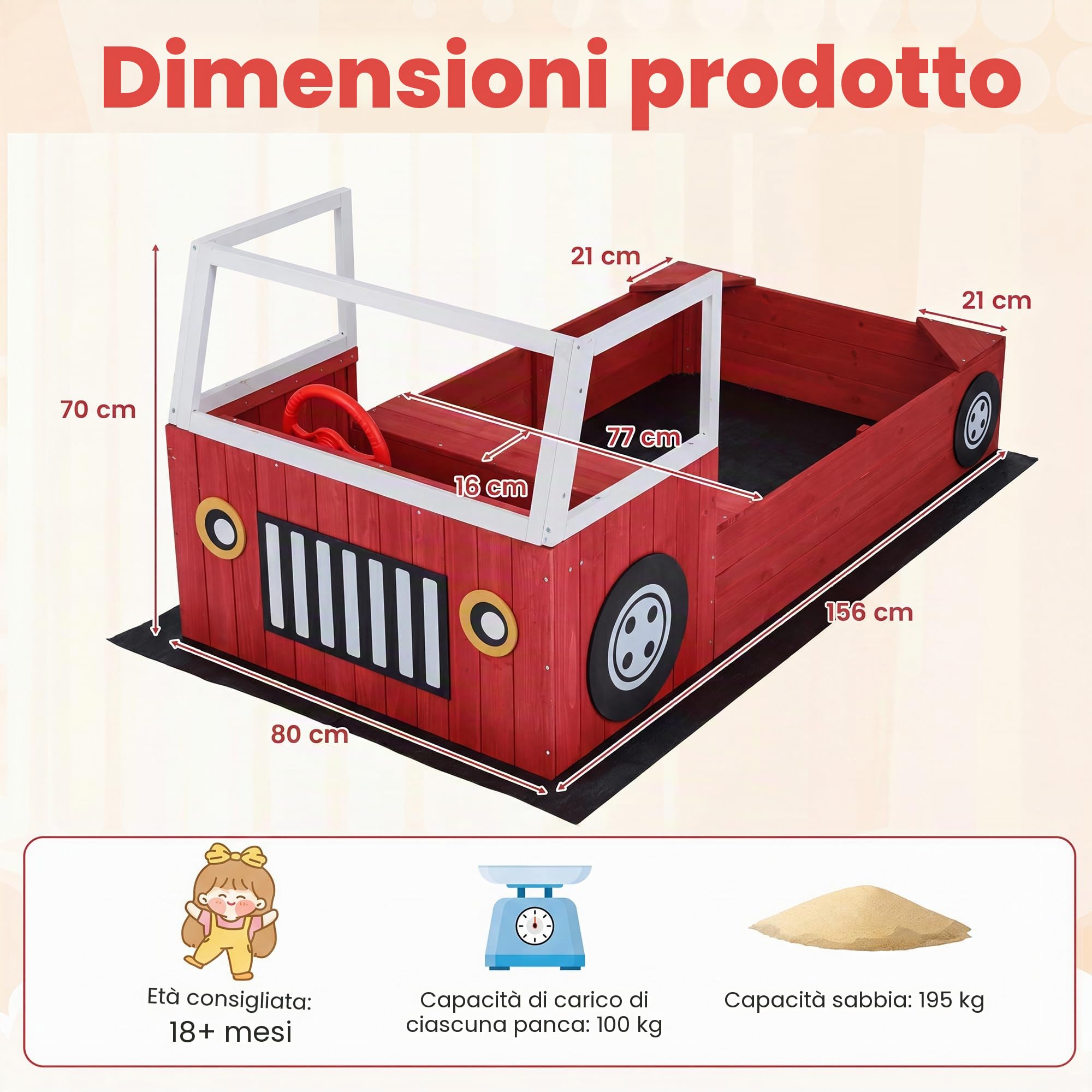 HOMASIS Sabbiera per Bambini in Legno, Sabbiera da Esterno a Forma di Autopompa con Panca, Sedile, Volante e Fodera, Gioco da Spiaggia per Cortile e Giardino, per Bambini 18+ Mesi, 156 x 80 x 70 cm