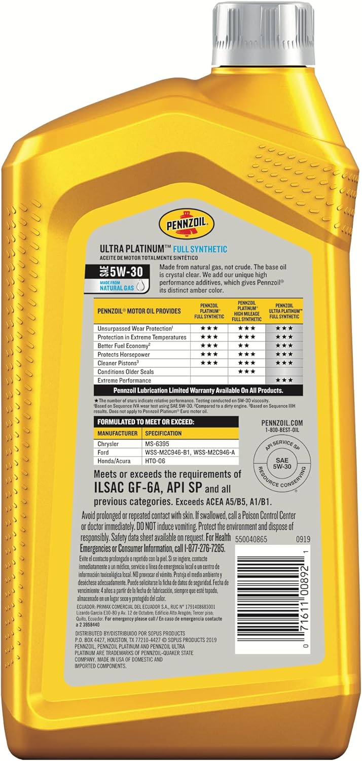 Buy Pennzoil Ultra Platinum Full Synthetic 5W30 Motor Oil (1 Quart, Single Pack) Online at