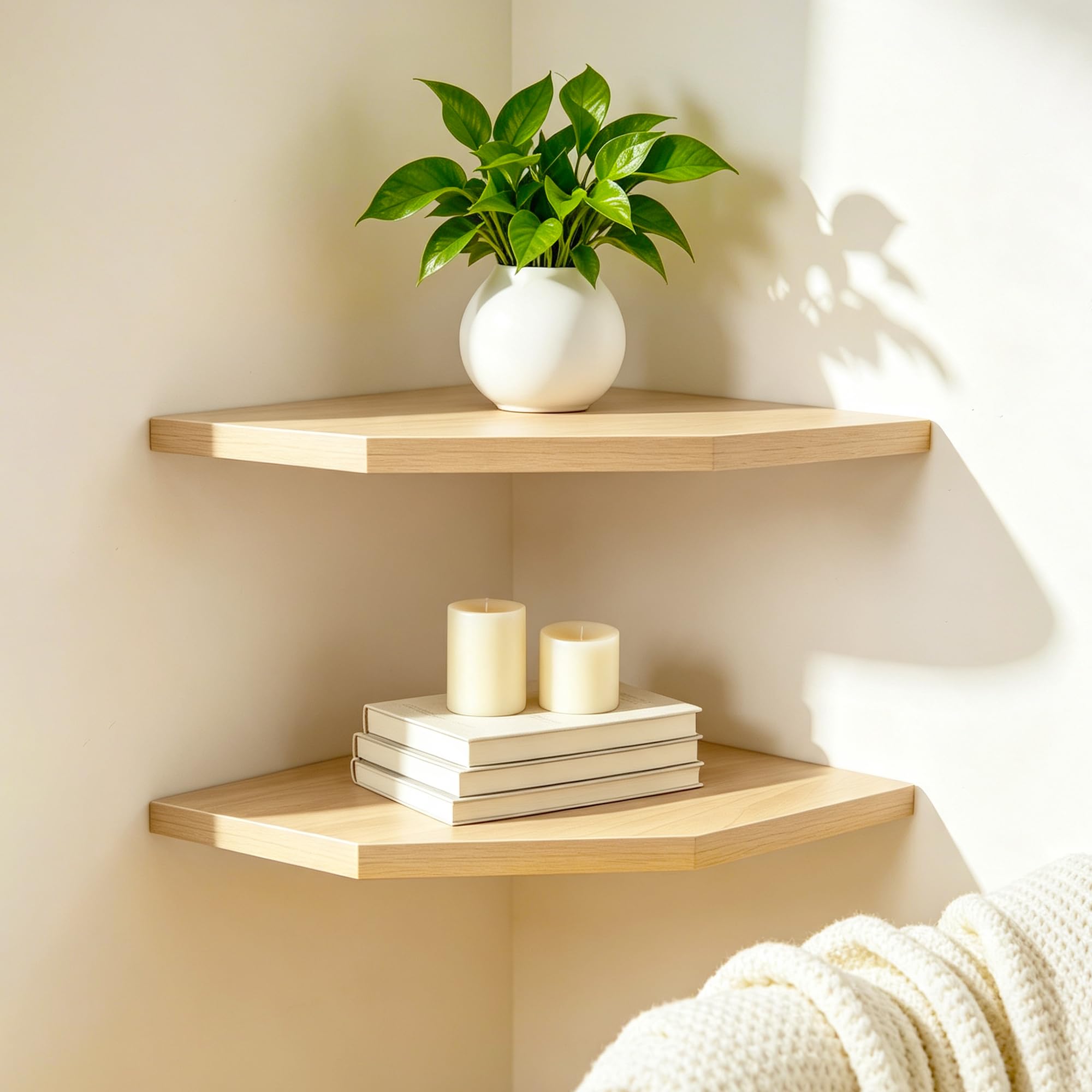 Havnix Corner Shelf Wall Mounted, 2Pcs Corner Shelves Wall Storage Display, Solid Wood Floating Shelf for Corner Decor with Living Room Bedroom Kitchen Bathroom (Khaki 2Pcs)