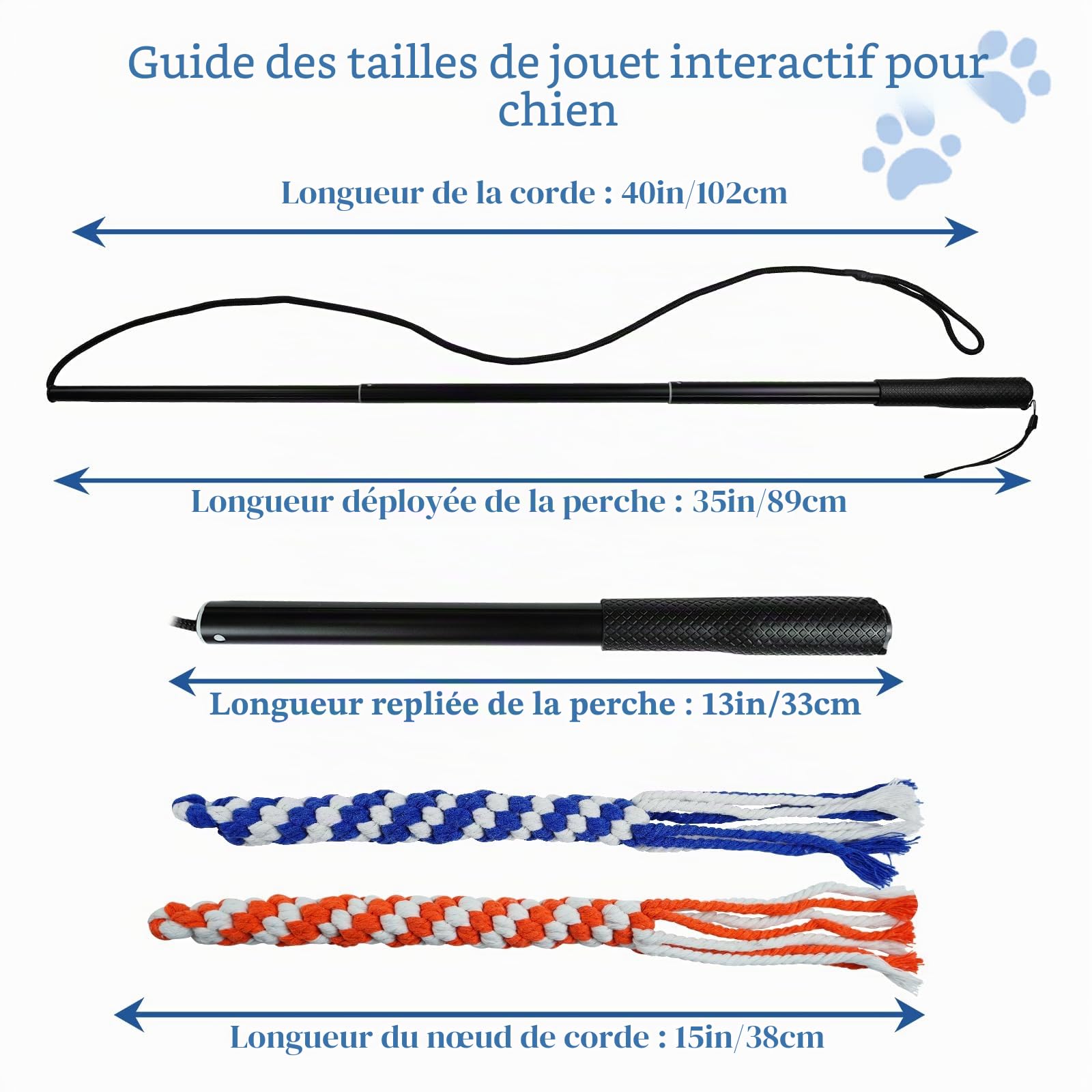 ASOCEA Flirt Pôle Chien Baguette Teaser Extensible pour Chien Jouet Interactif Extérieur Bâton De Flirt pour Animaux De Compagnie avec 2 Cordes en Coton à Mâcher Chasing Tail pour Petits Chiens