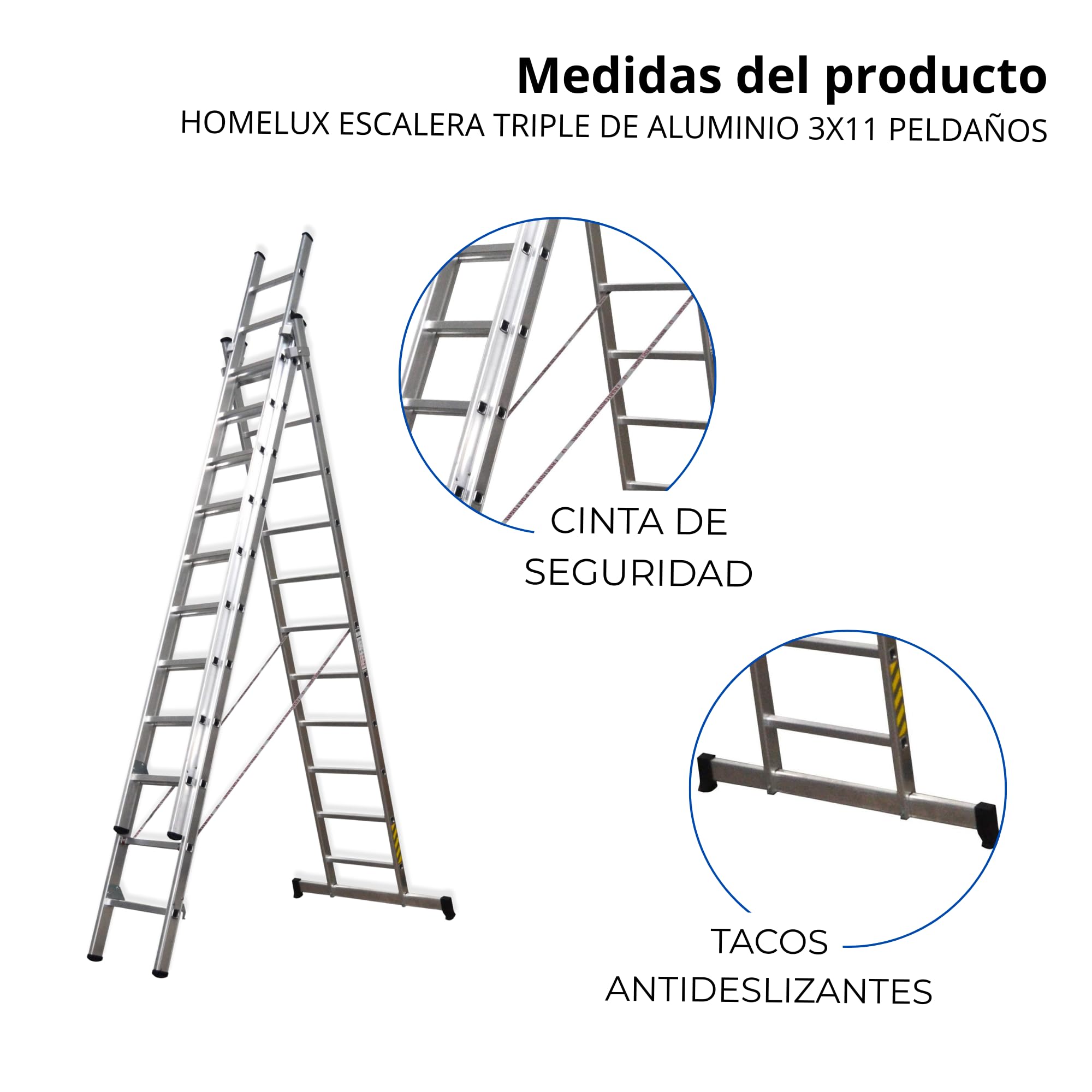 Homelux 825022 Escalera Aluminio Triple, 3 + 3 +3, 3 x 11 Peldaños, 18.5 kg