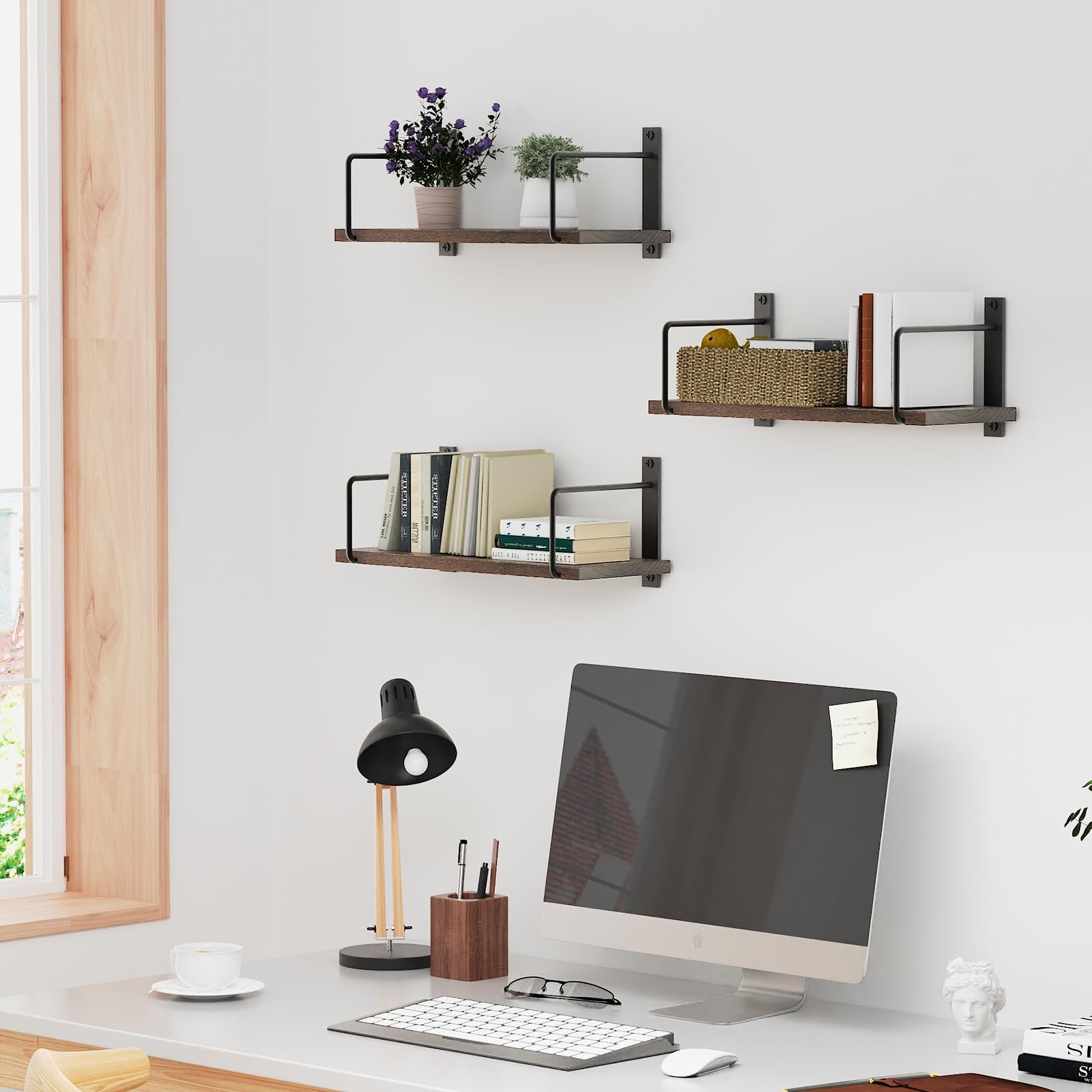 TRAYINDALY Estanteria Pared Madera Juego de 3, Baldas Flotantes Pared Rústicos y Decorativas Ideal para Dormitorio, Baño,Cocina, Oficina, Sala (Marrón)